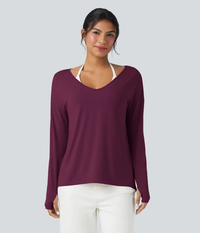 Halara Camiseta holgada de manga larga con escote en V profundo y aberturas para los pulgares (uso frontal y posterior) - Purple Potion - XS made by Halara
