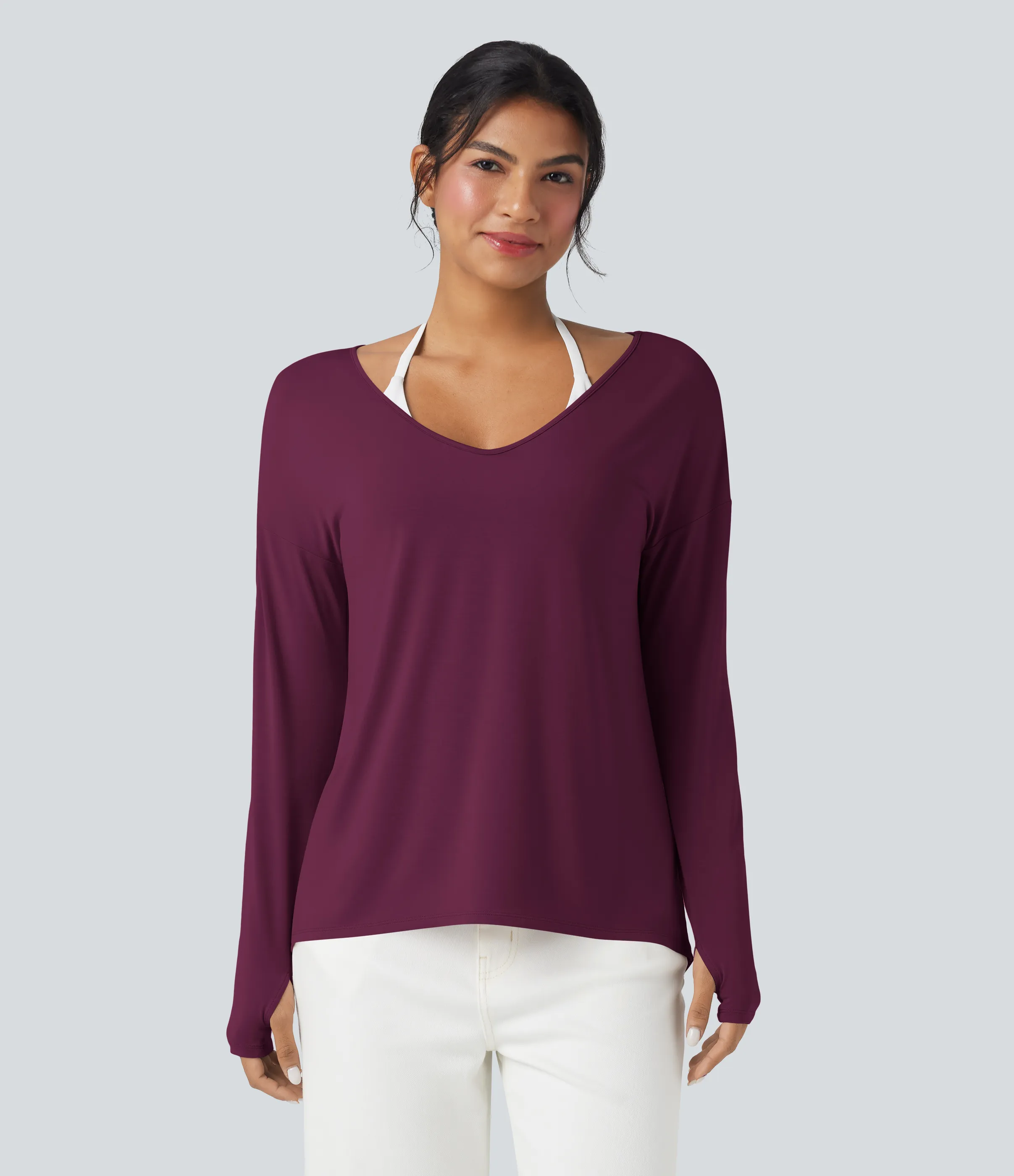 Halara Camiseta holgada de manga larga con escote en V profundo y aberturas para los pulgares (uso frontal y posterior) - Purple Potion - XS sold by Halara product image thumbnail 2