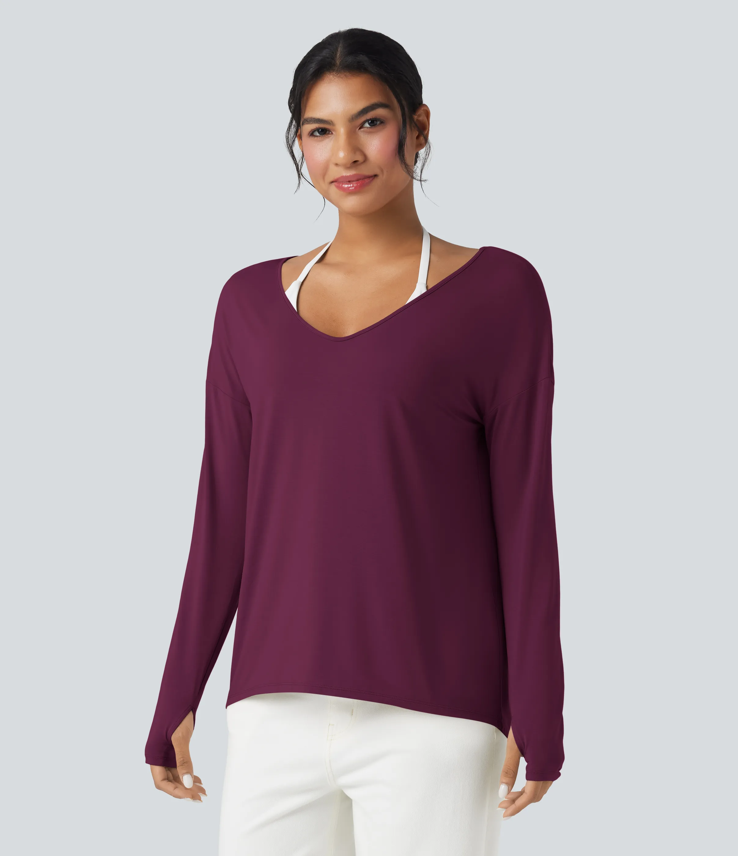 Halara Camiseta holgada de manga larga con escote en V profundo y aberturas para los pulgares (uso frontal y posterior) - Purple Potion - XS sold by Halara product image thumbnail 4