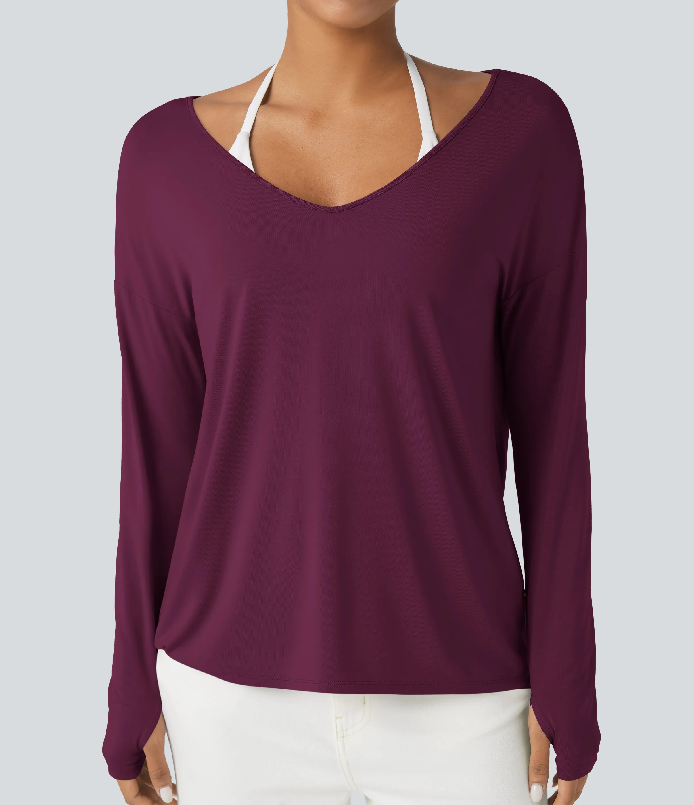 Halara Camiseta holgada de manga larga con escote en V profundo y aberturas para los pulgares (uso frontal y posterior) - Purple Potion - XS sold by Halara product image thumbnail 5