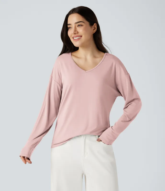 Halara Top casual de manga larga con cuello en V - Light Elegant Pink - L sold by Halara