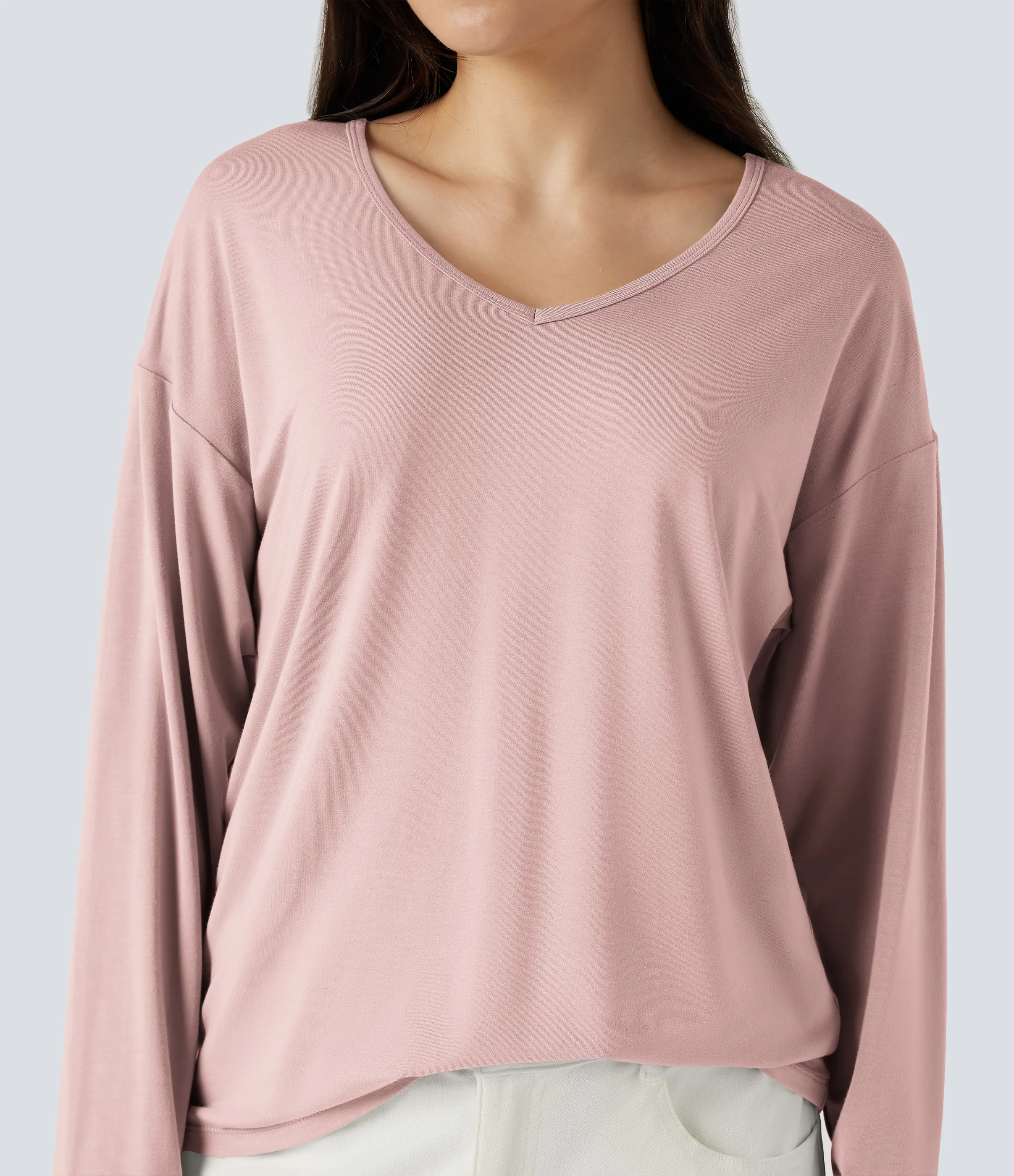 Halara Top casual de manga larga con cuello en V - Light Elegant Pink - L sold by Halara product image thumbnail 5