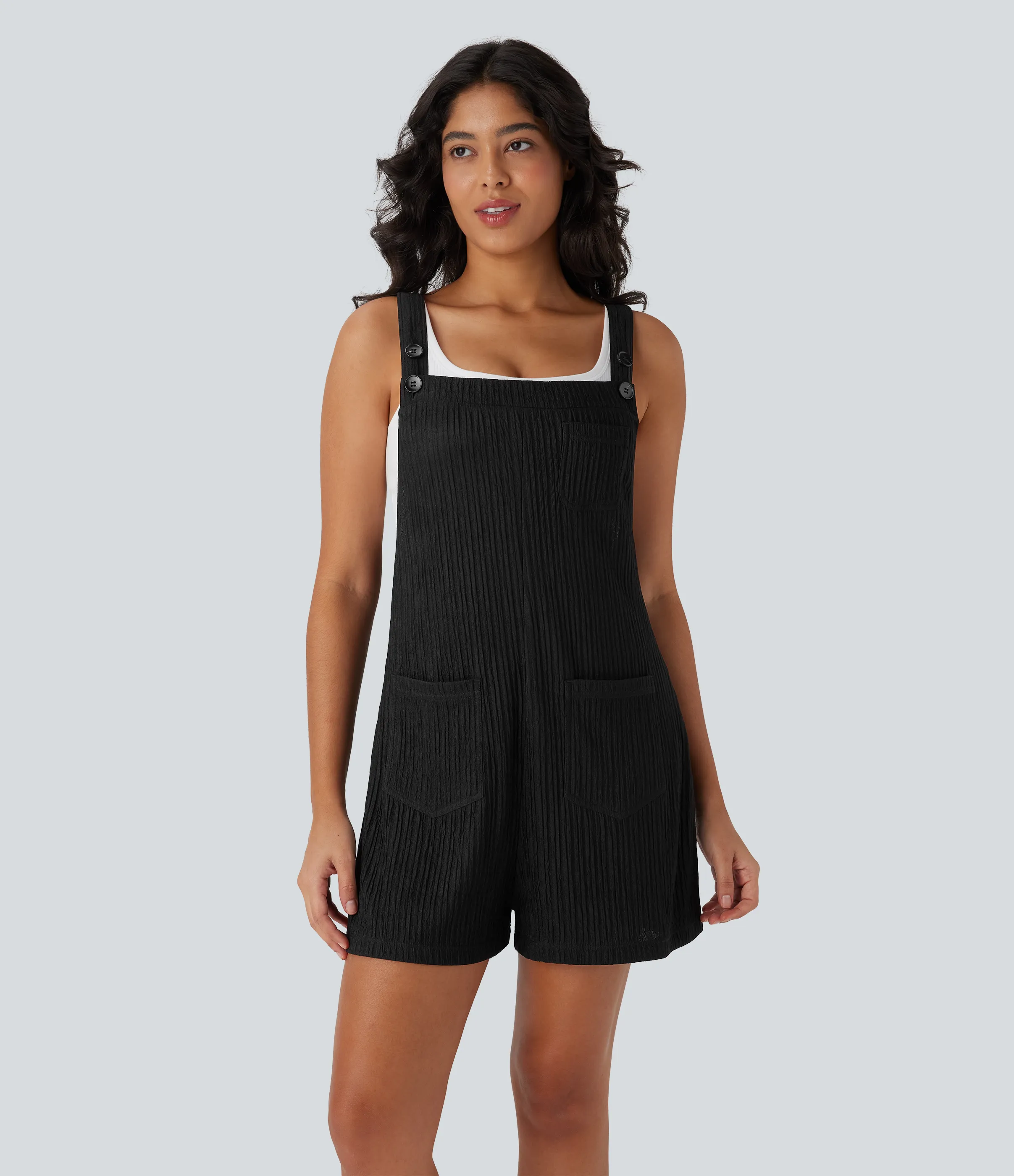 Halara Overol casual a rayas con tirantes ajustables, bolsillos y botones - Black - L(regular) sold by Halara product image thumbnail 4