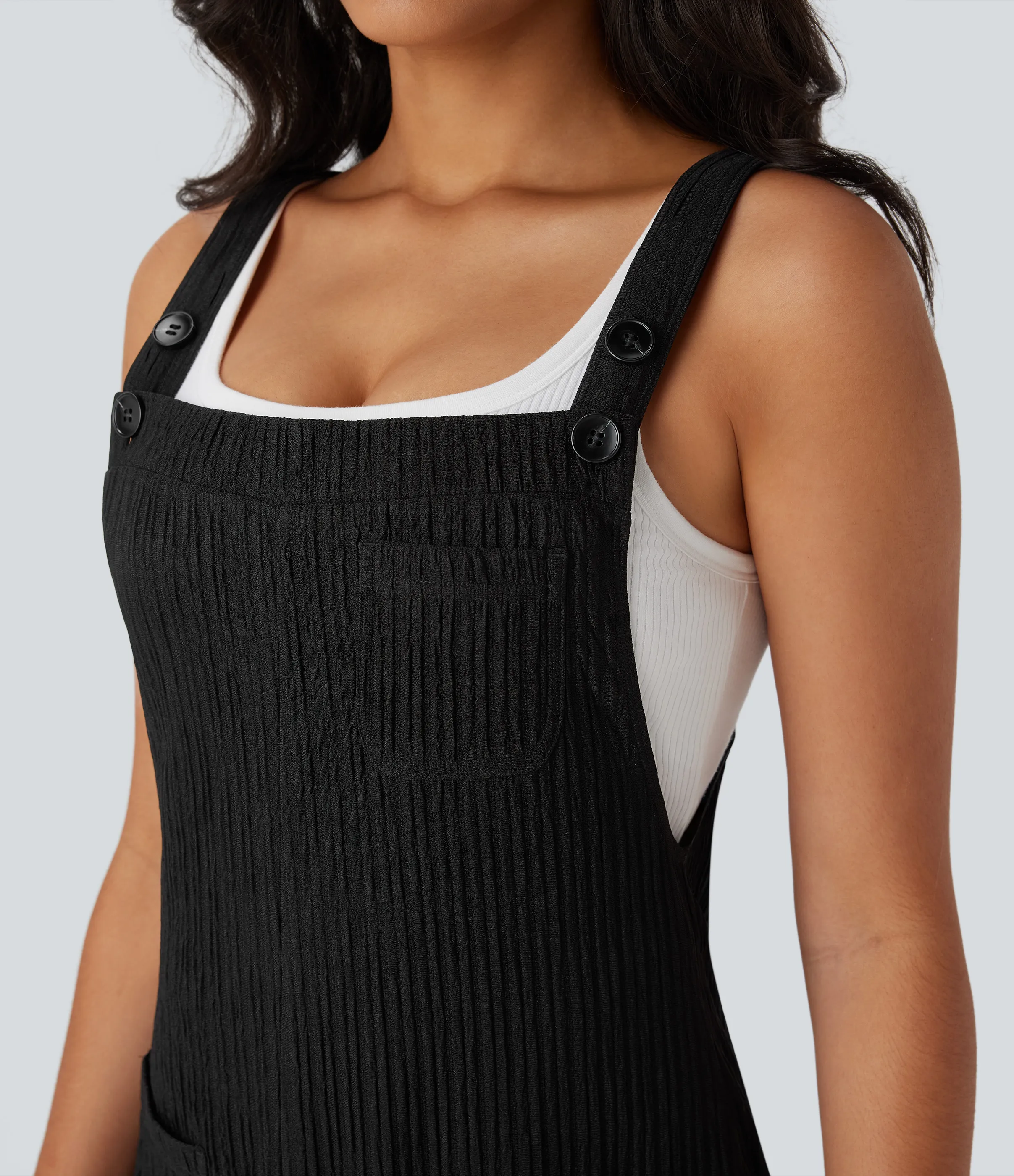 Halara Overol casual a rayas con tirantes ajustables, bolsillos y botones - Black - L(regular) sold by Halara product image thumbnail 5