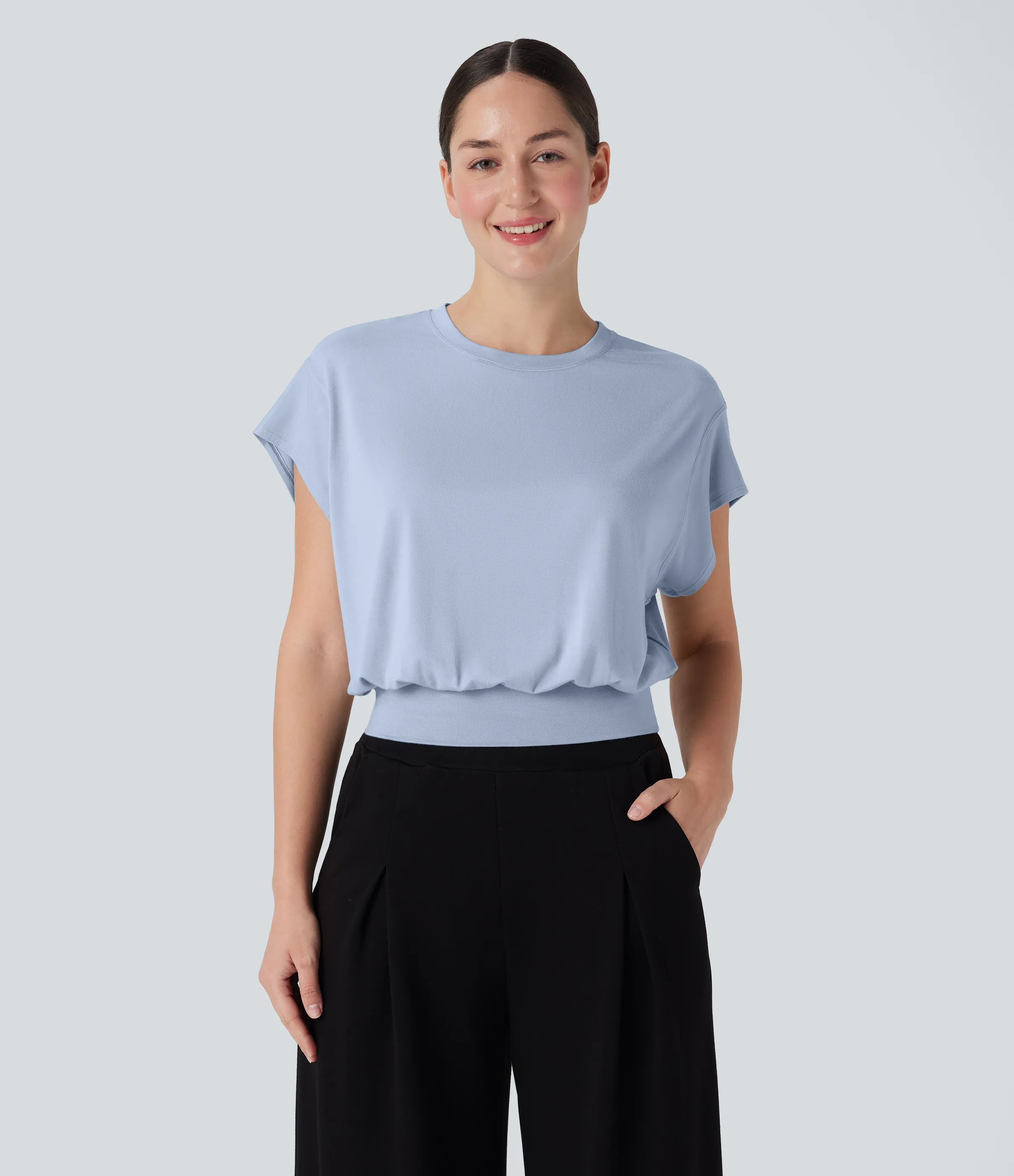 Halara Camiseta de oficina de manga corta de murciélago con cuello redondo - Skyway - XL sold by Halara product image thumbnail 2