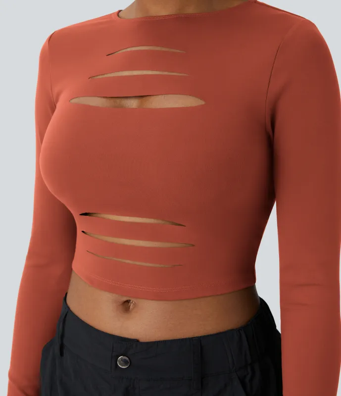 Halara Top ajustado cuello redondo manga larga corte rasgado corte ajustado - Cinnabar - XL sold by Halara