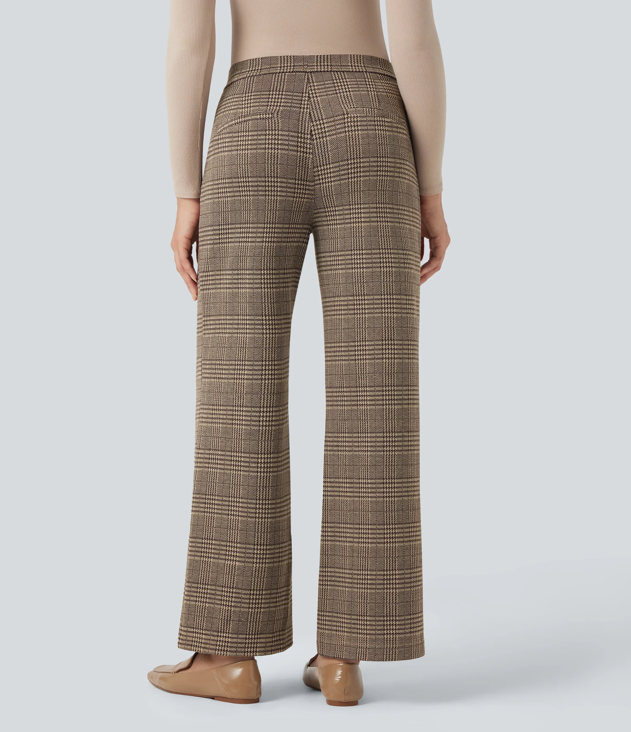 Halara Pantalones de oficina rectos Halara Flex™ de tiro alto con de pata de gallo y bolsillos - Brown Houndstooth Plaid - L(regular) sold by Halara