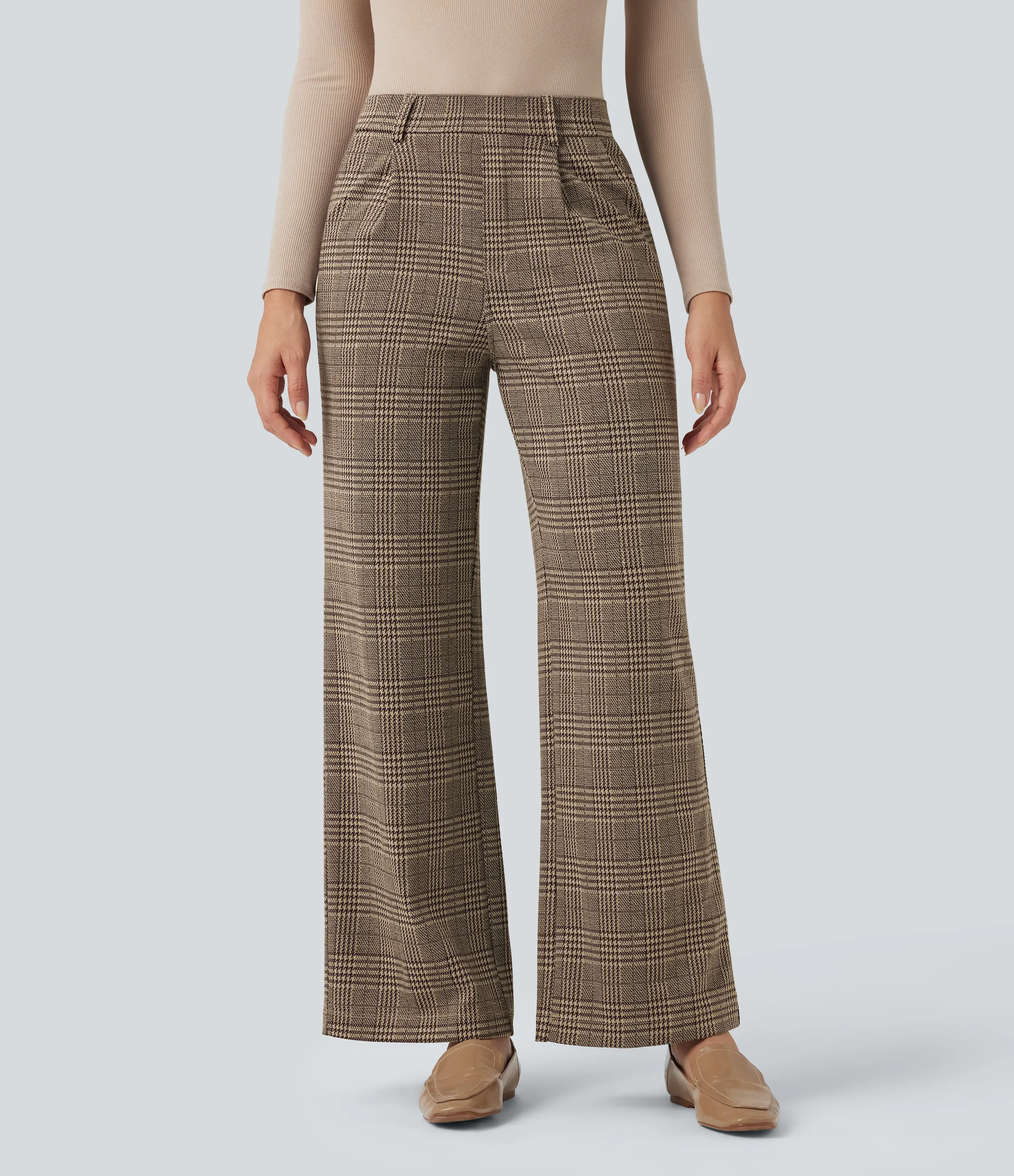 Halara Pantalones de oficina rectos Halara Flex™ de tiro alto con de pata de gallo y bolsillos - Brown Houndstooth Plaid - L(regular) sold by Halara product image thumbnail 3