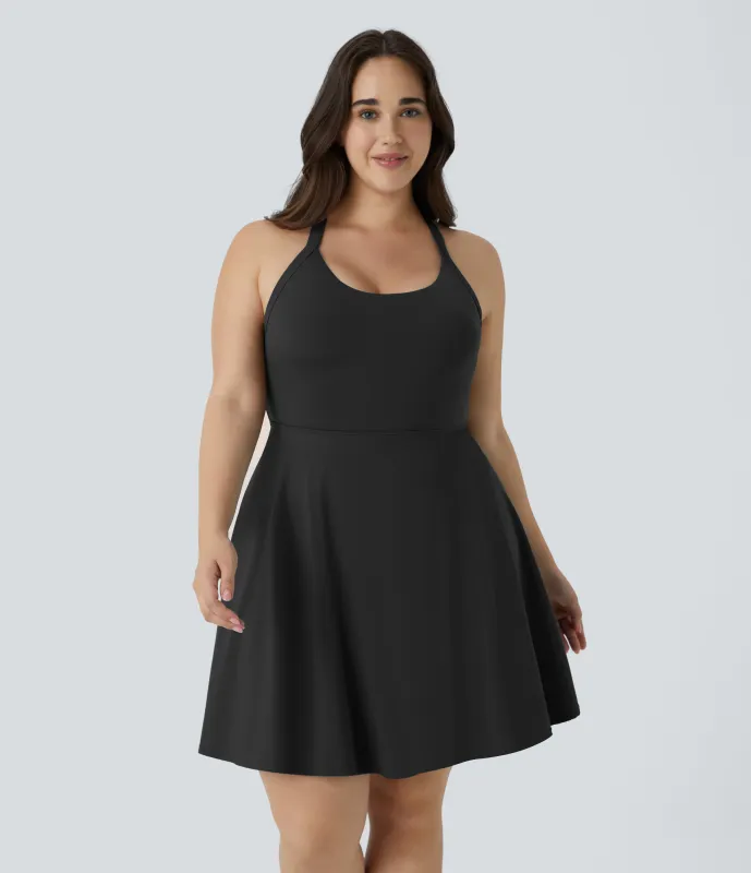 Halara Minivestido baile ballet cuello en U 2 en 1 bolsillo lateral retorcido cut out sin espalda talla plus más larga - Black - 2X(Long) sold by Halara