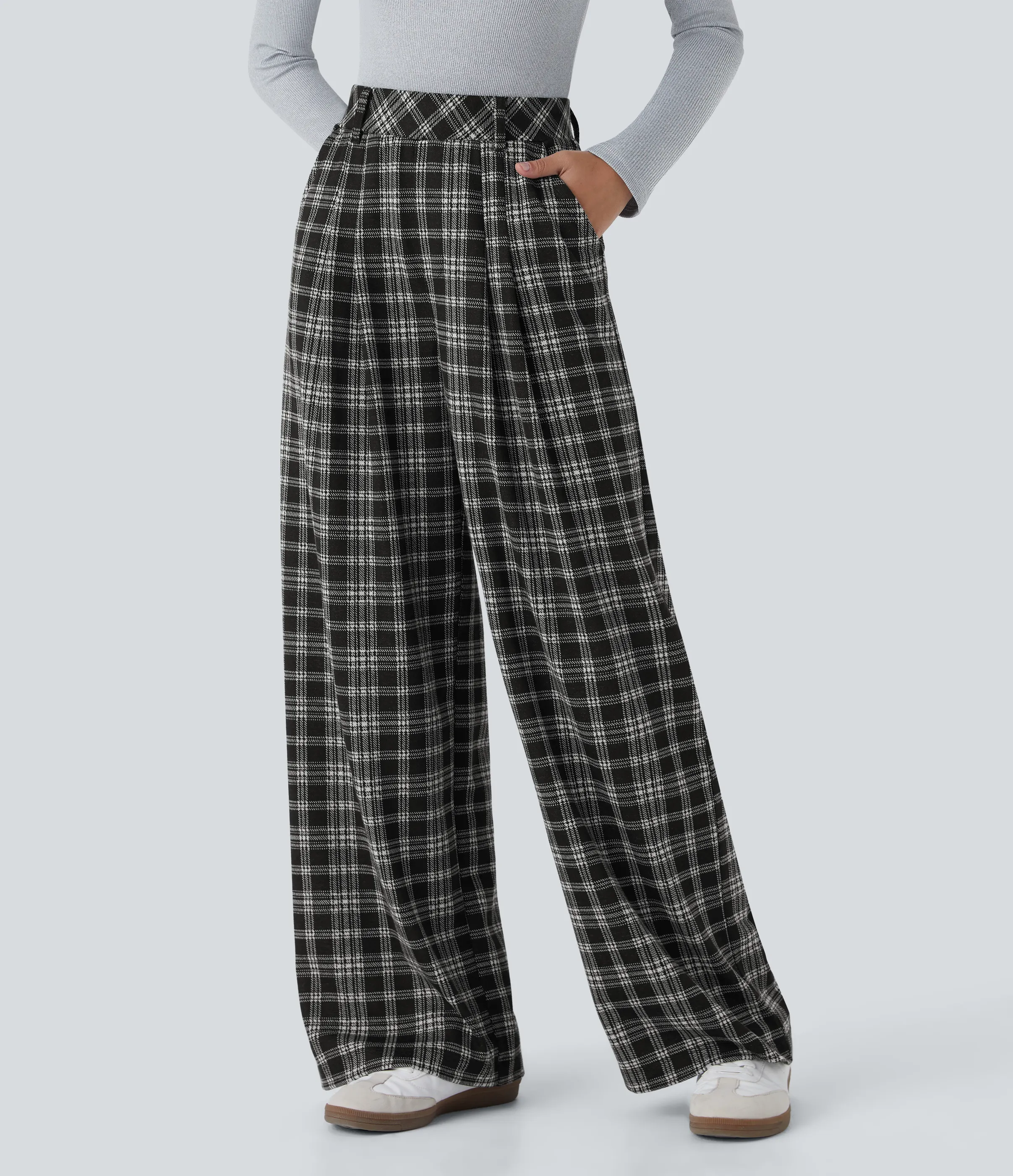 Halara Pantalón tiro alto bolsillo lateral pierna ancha estampado pata gallo - Black Tartan Plaid - XS(petite) sold by Halara product image thumbnail 2