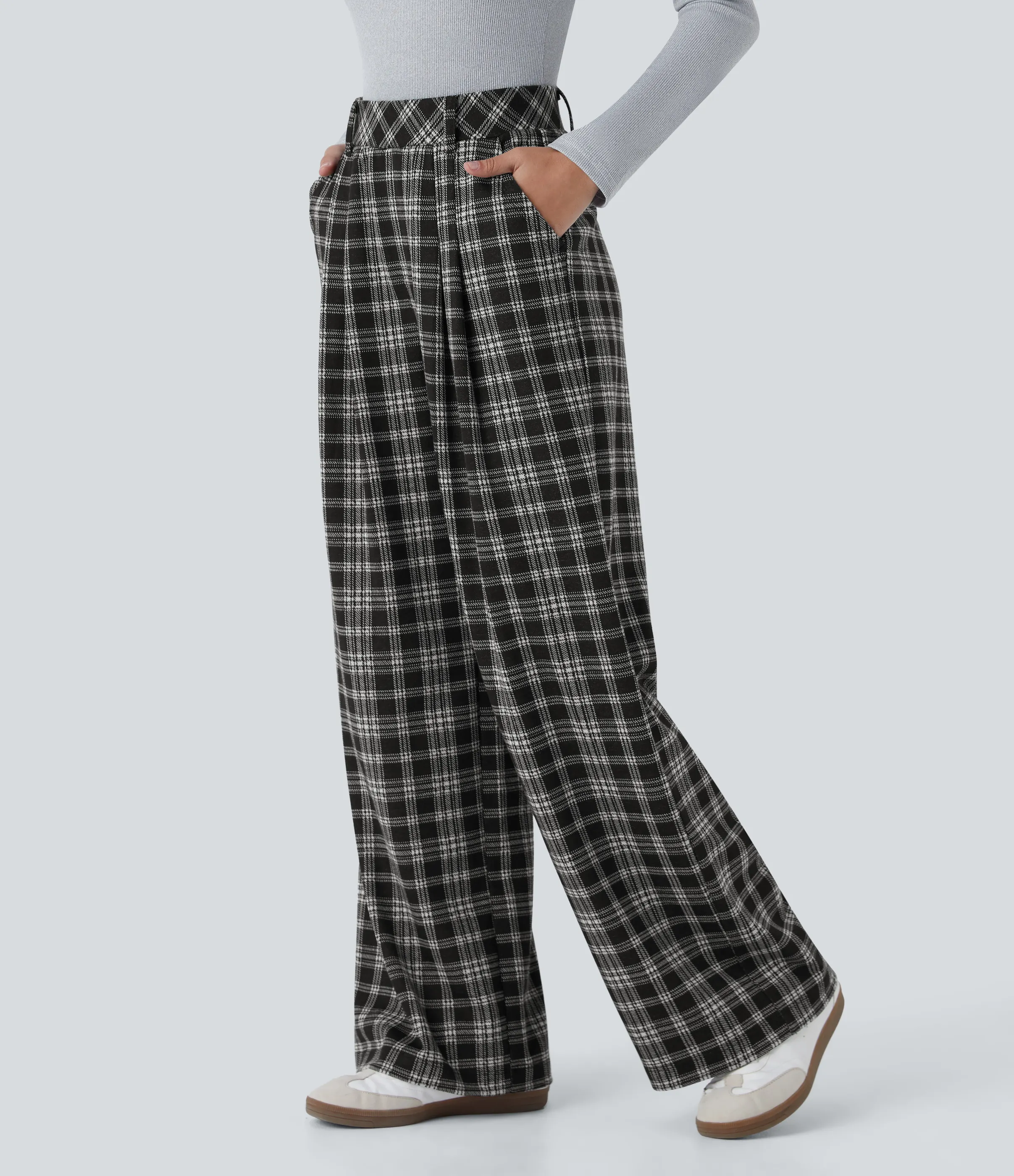 Halara Pantalón tiro alto bolsillo lateral pierna ancha estampado pata gallo - Black Tartan Plaid - XS(petite) sold by Halara product image thumbnail 4