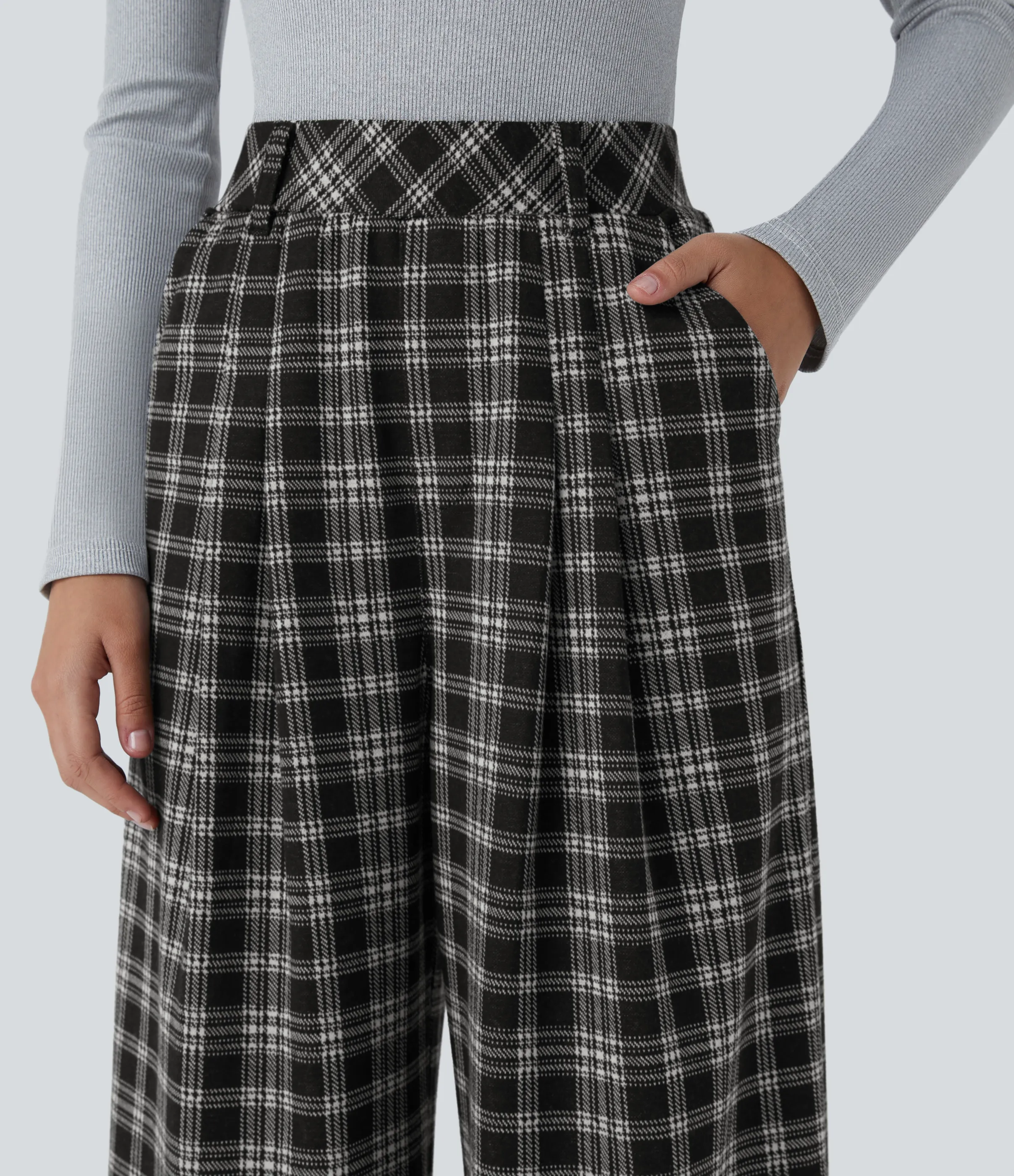 Halara Pantalón tiro alto bolsillo lateral pierna ancha estampado pata gallo - Black Tartan Plaid - XS(petite) sold by Halara product image thumbnail 5
