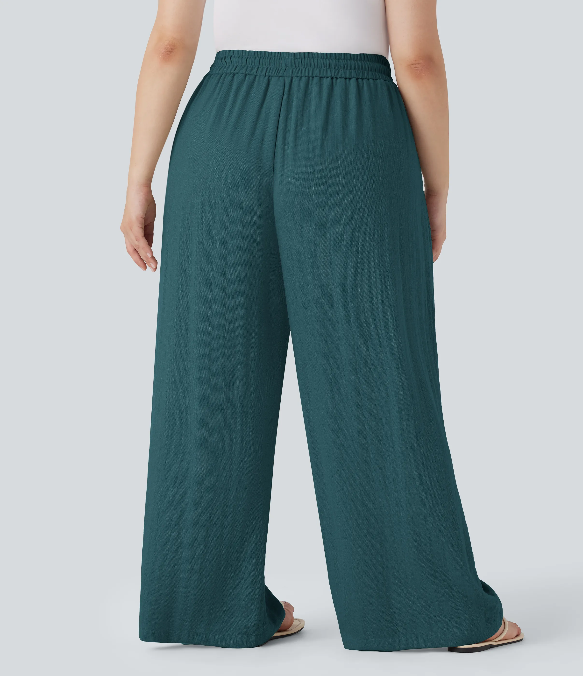 Halara Pantalón lino tiro alto cordón ajustable pierna ancha bolsillo talla grande - Atlantic Deep - 1X(regular) sold by Halara product image thumbnail 3