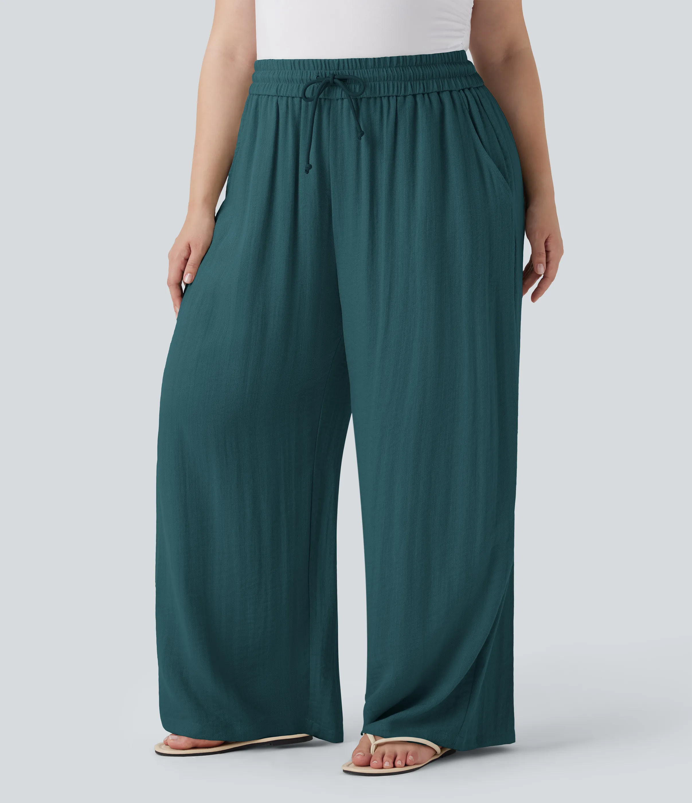 Halara Pantalón lino tiro alto cordón ajustable pierna ancha bolsillo talla grande - Atlantic Deep - 1X(regular) sold by Halara product image thumbnail 4