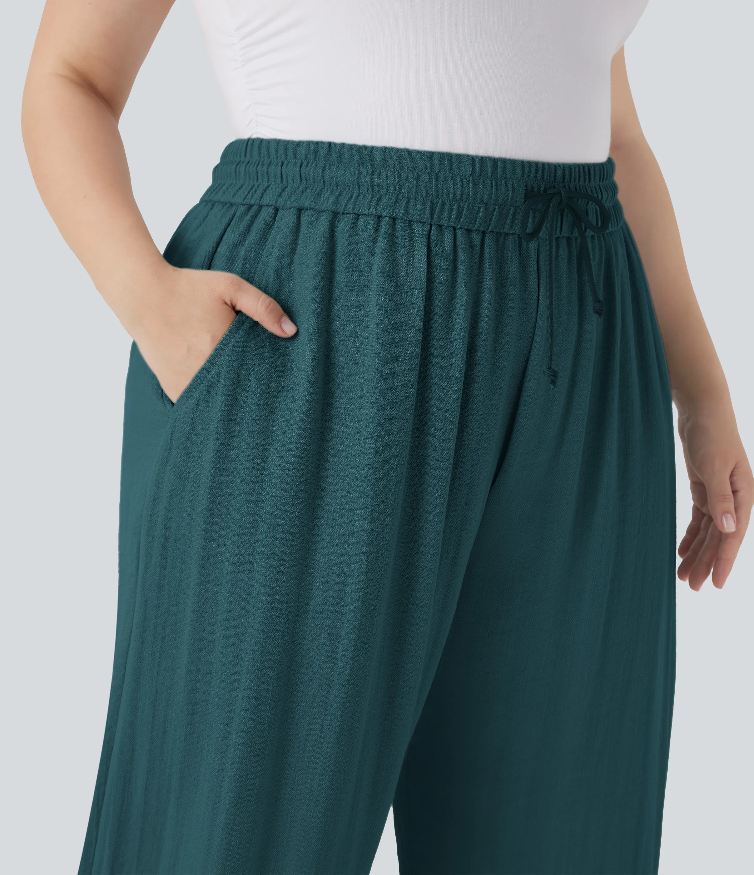 Halara Pantalón lino tiro alto cordón ajustable pierna ancha bolsillo talla grande - Atlantic Deep - 1X(regular) sold by Halara product image thumbnail 5
