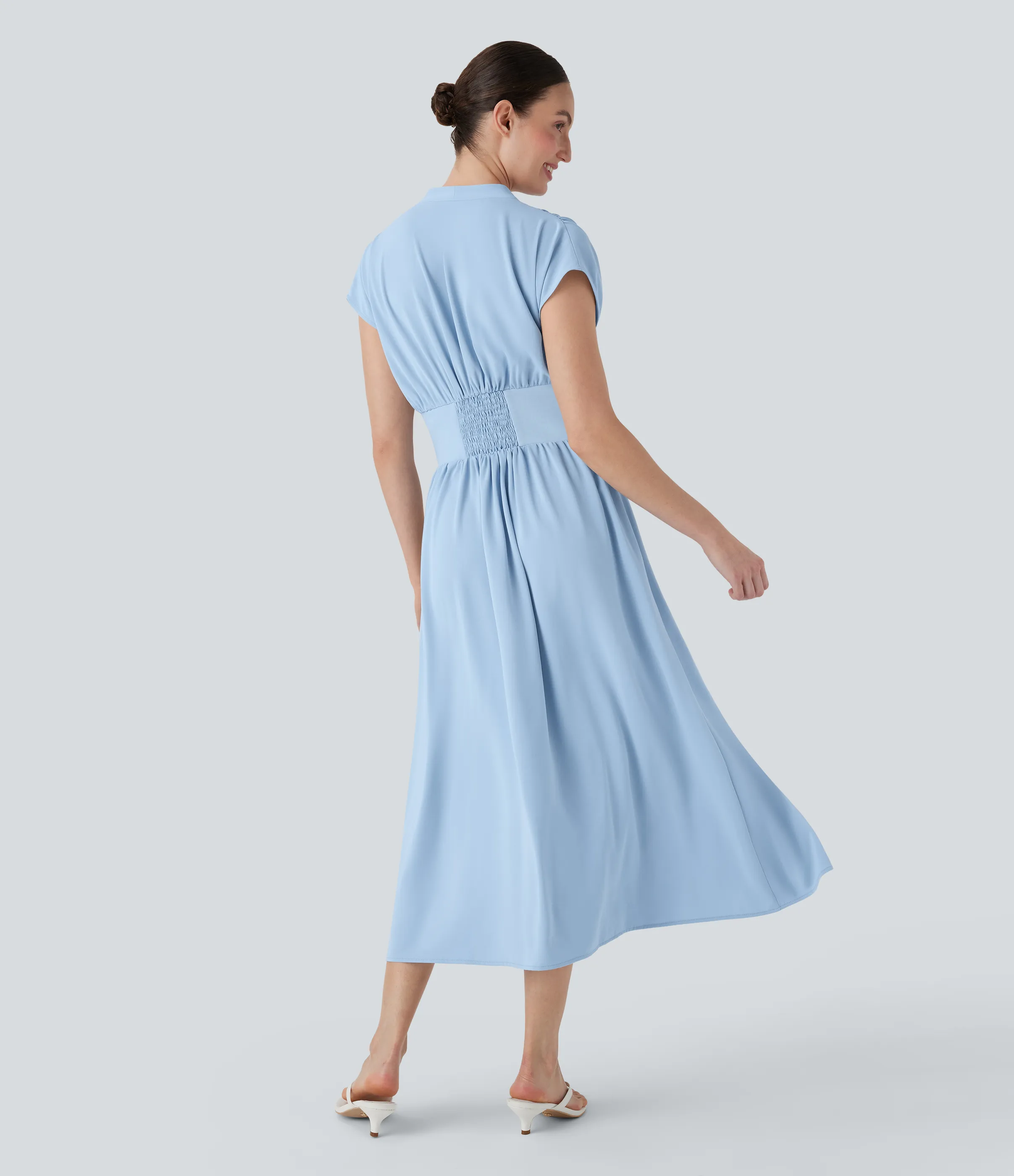 Halara Vestido midi casual fluido con escote en V fruncido y botones con bolsillos - Clear Sky - L sold by Halara product image thumbnail 3