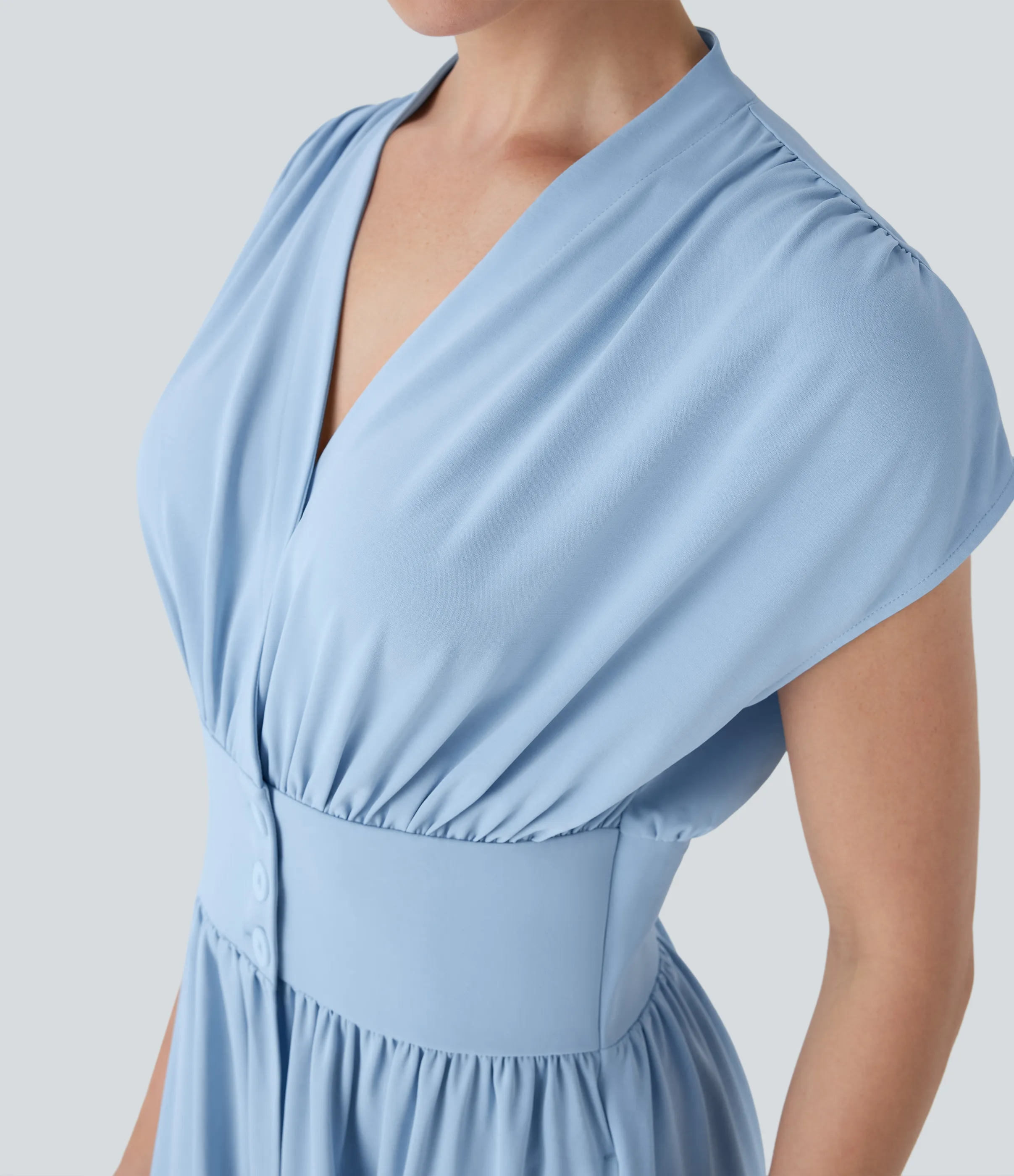 Halara Vestido midi casual fluido con escote en V fruncido y botones con bolsillos - Clear Sky - L sold by Halara product image thumbnail 5