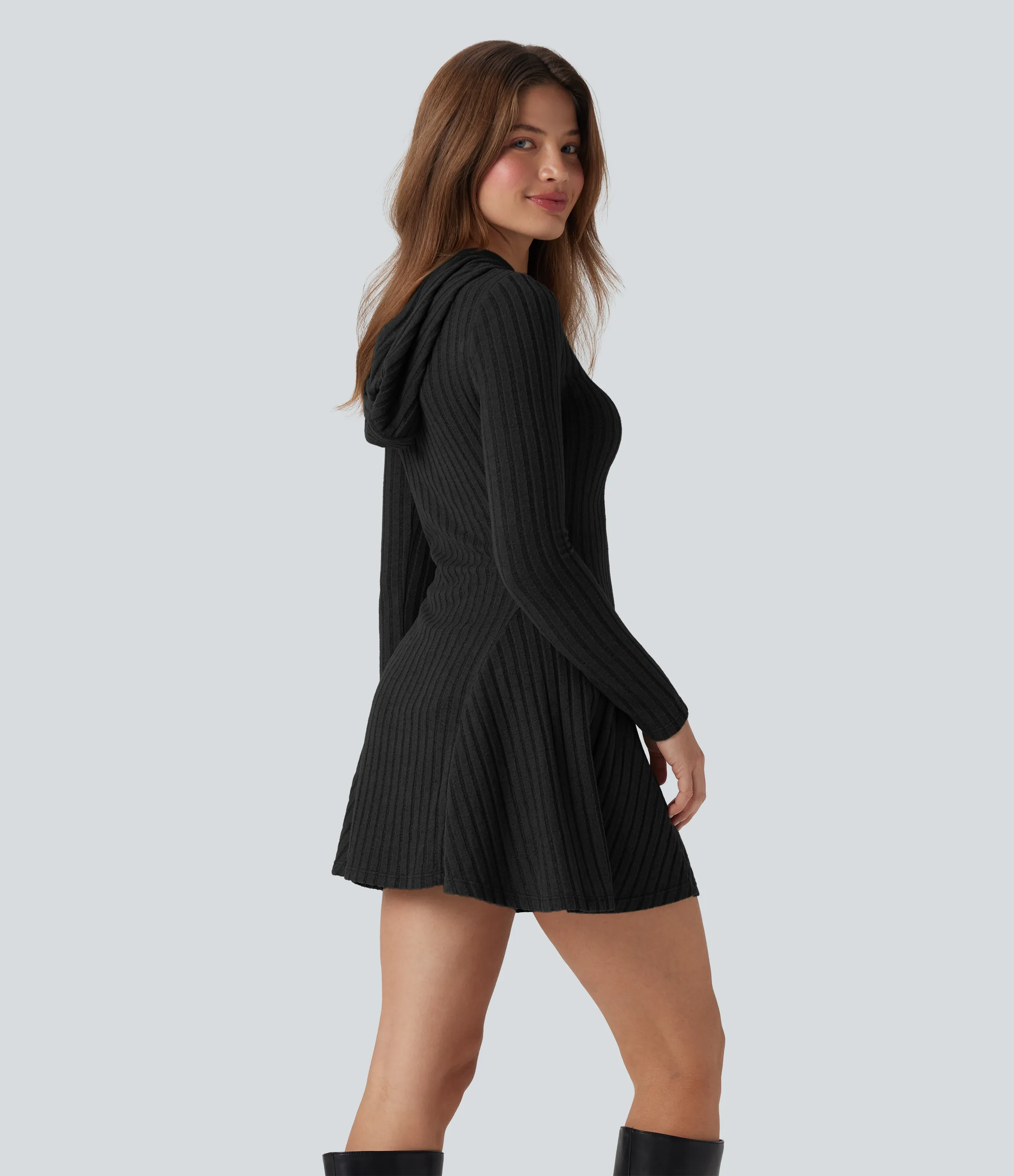 Halara Vestido casual mini de manga larga con capucha y cordón ajustable de punto acanalado - Black - XS sold by Halara product image thumbnail 3