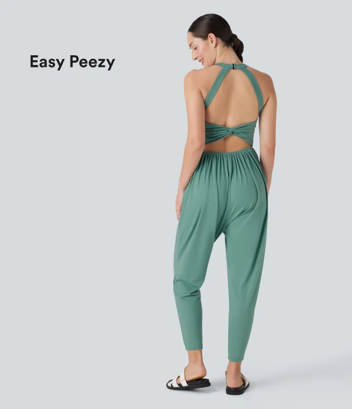 Halara Mono casual de harén con espalda descubierta y bolsillos laterales - Edición Easy Peezy - Oil Blue - L(regular) sold by Halara