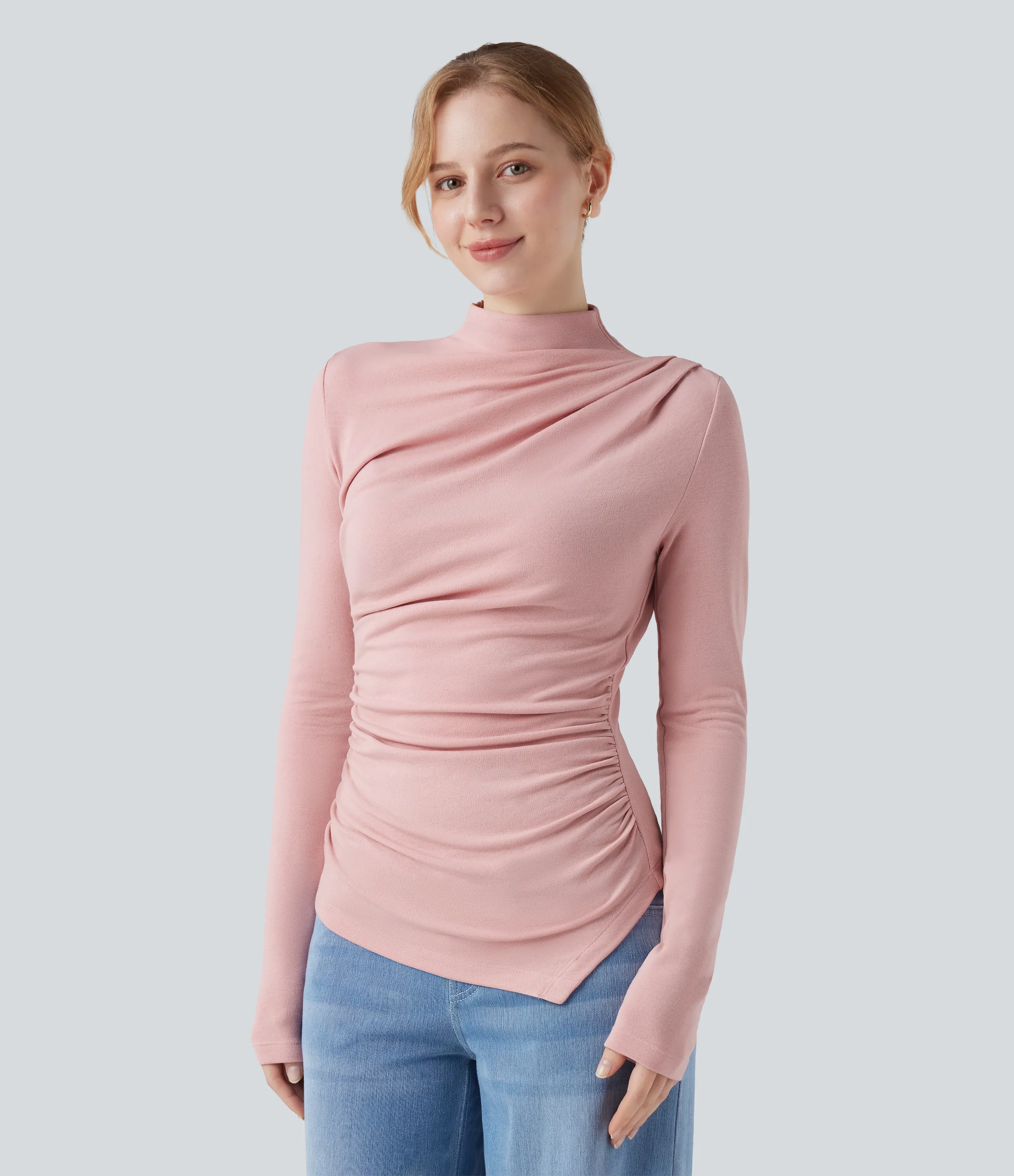 Halara Top casual térmico de cuello alto de manga larga con dobladillo asimétrico fruncido - Dirty Pink - S sold by Halara product image thumbnail 4