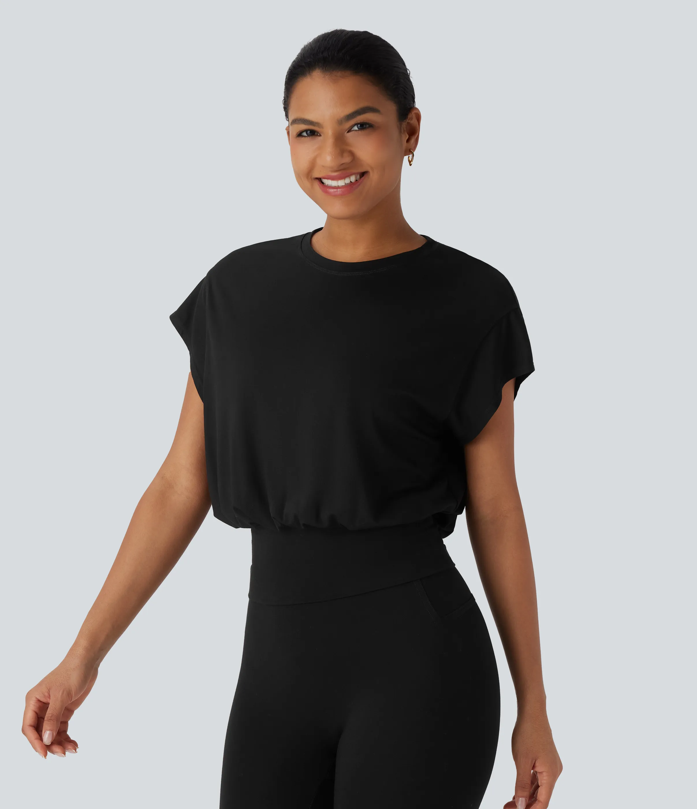 Halara Camiseta de oficina de manga corta de murciélago con cuello redondo - Black - XL sold by Halara product image thumbnail 2