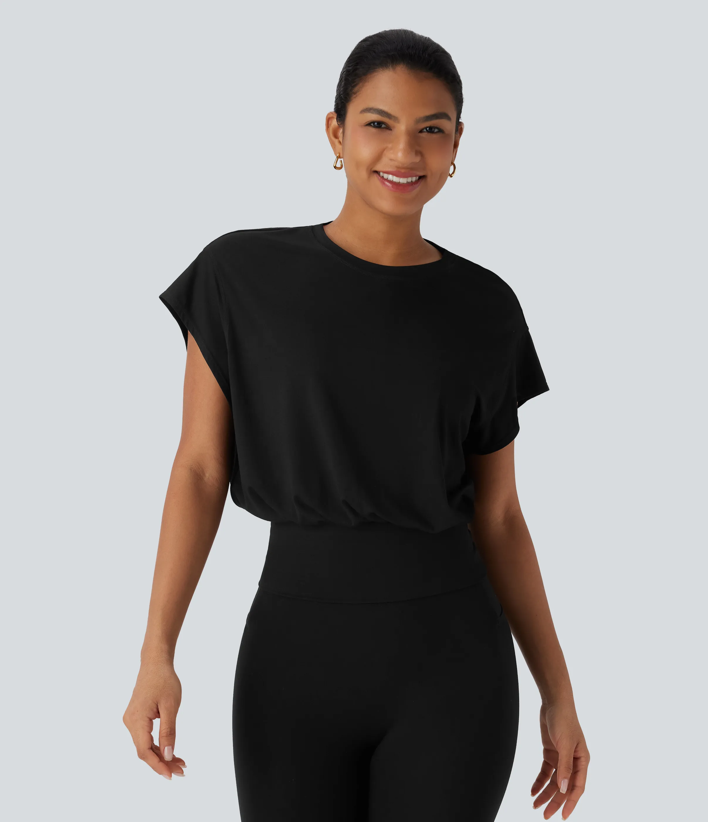 Halara Camiseta de oficina de manga corta de murciélago con cuello redondo - Black - XL sold by Halara product image thumbnail 4