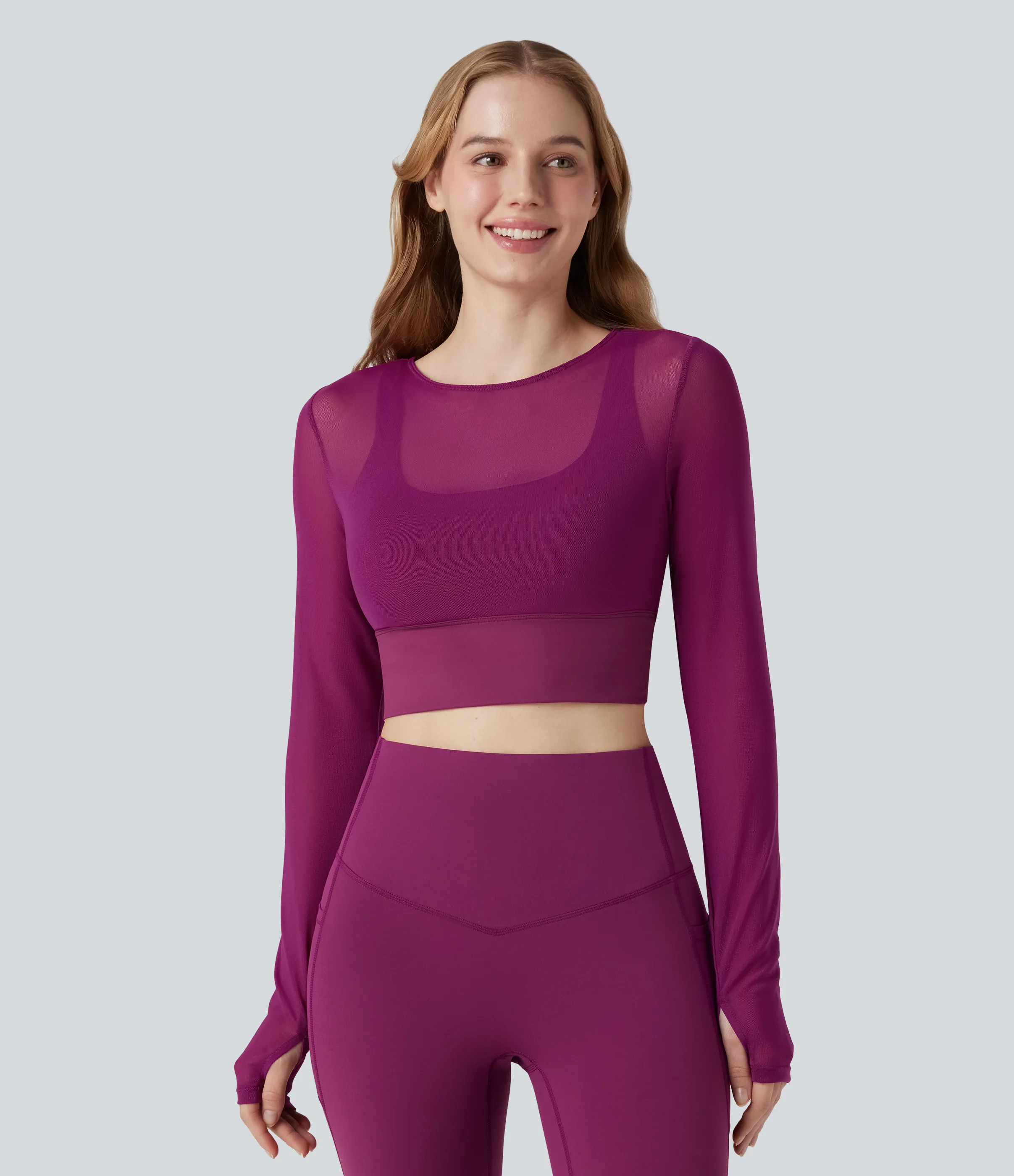 Halara Top deportivo de yoga 2 en 1 de manga larga con abertura para el pulgar y malla en contraste - Rose Violet - M sold by Halara product image thumbnail 3