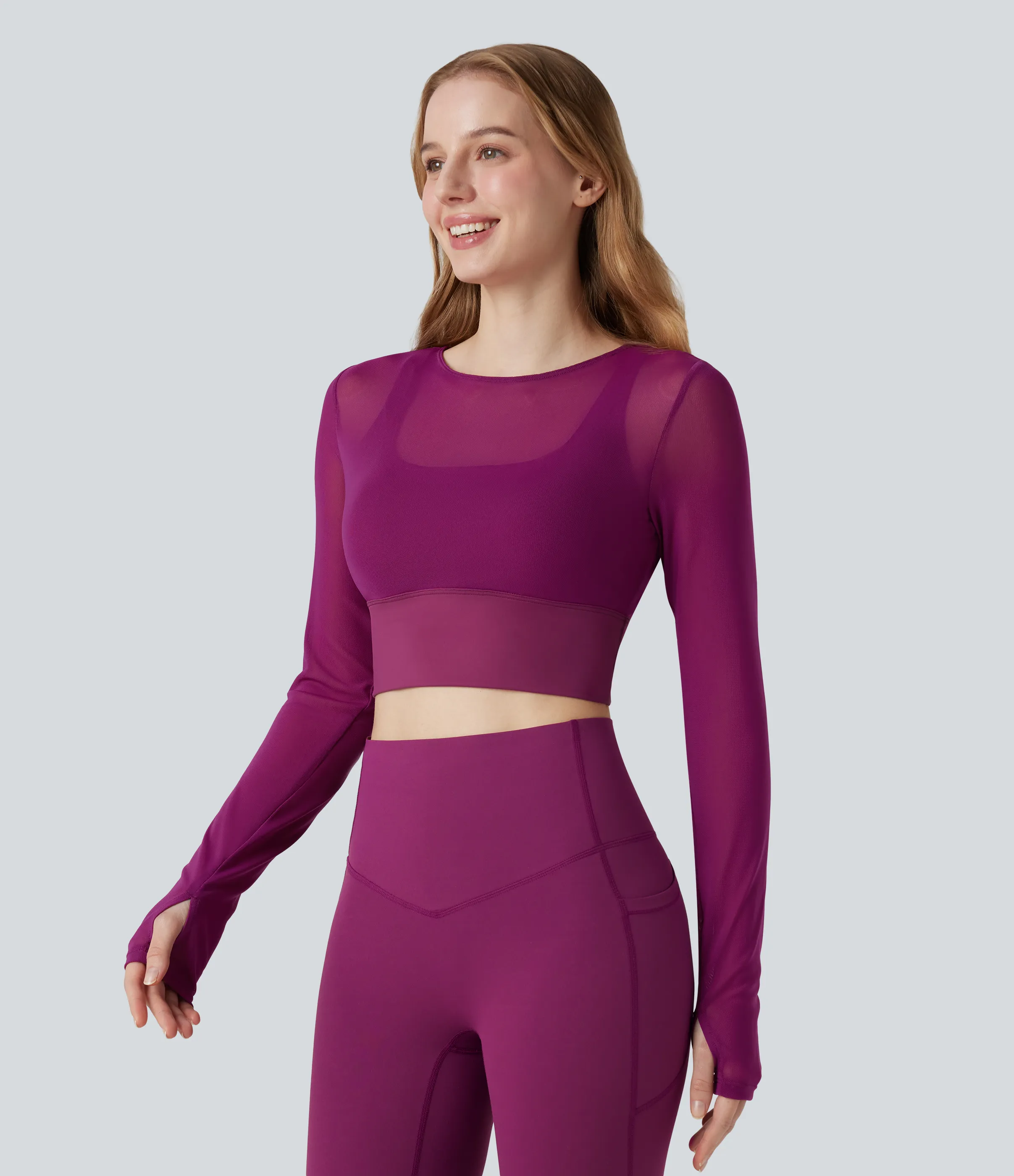 Halara Top deportivo de yoga 2 en 1 de manga larga con abertura para el pulgar y malla en contraste - Rose Violet - M sold by Halara product image thumbnail 4