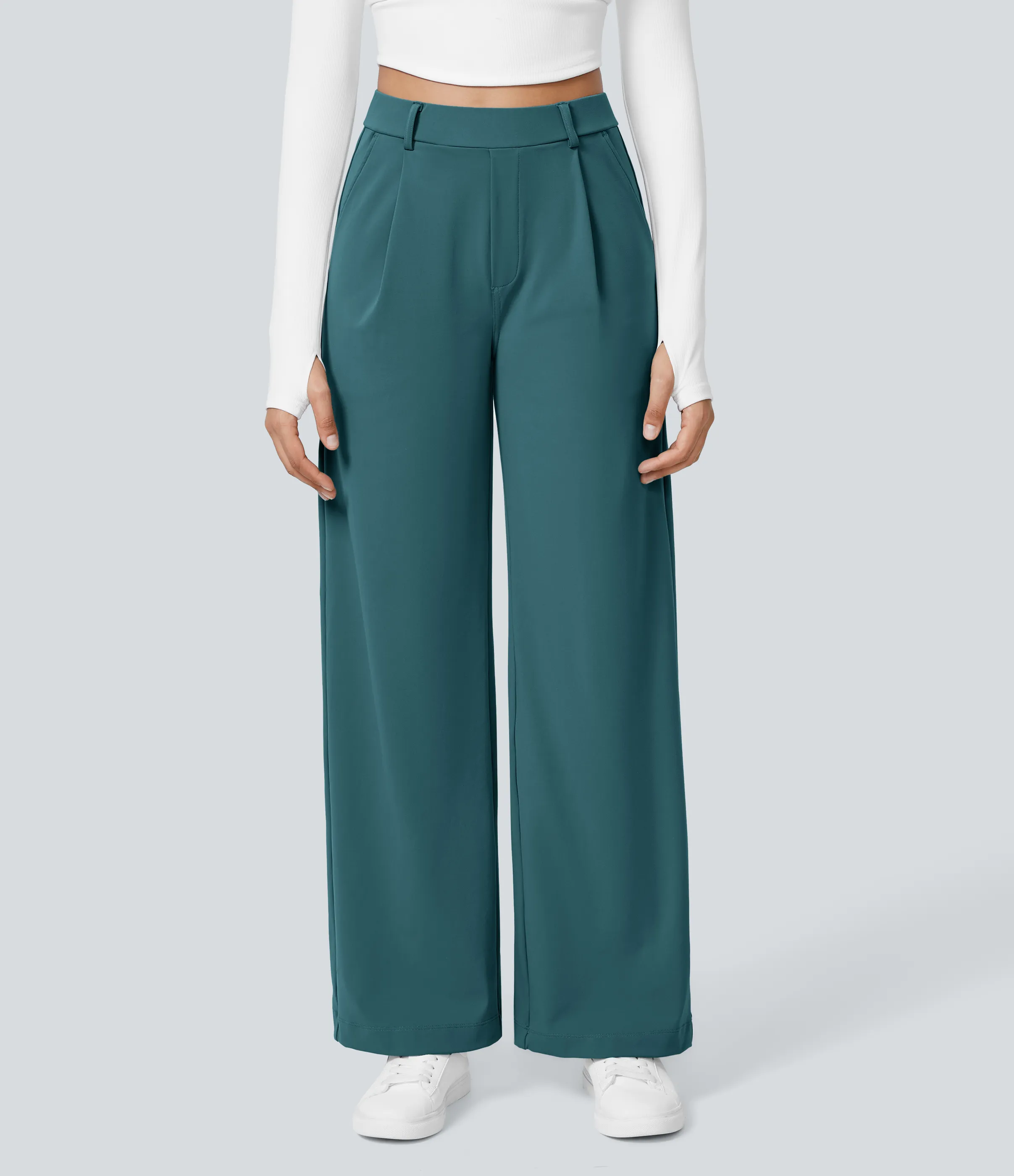 Halara Pantalón oficina pierna recta bolsillo lateral tiro alto pliegue - Atlantic Deep - S(petite) sold by Halara product image thumbnail 3