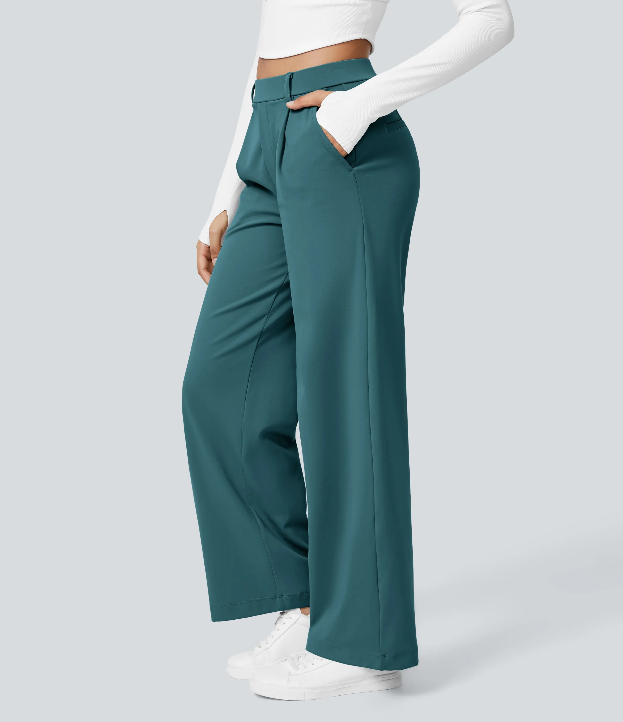 Halara Pantalón oficina pierna recta bolsillo lateral tiro alto pliegue - Atlantic Deep - S(petite) sold by Halara product image thumbnail 4