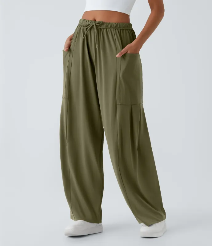 Halara Pantalón pierna ancha fluido palazzo bolsillo lateral cordón ajustable cintura elástica tiro medio - Capulet Olive - XL(regular) sold by Halara