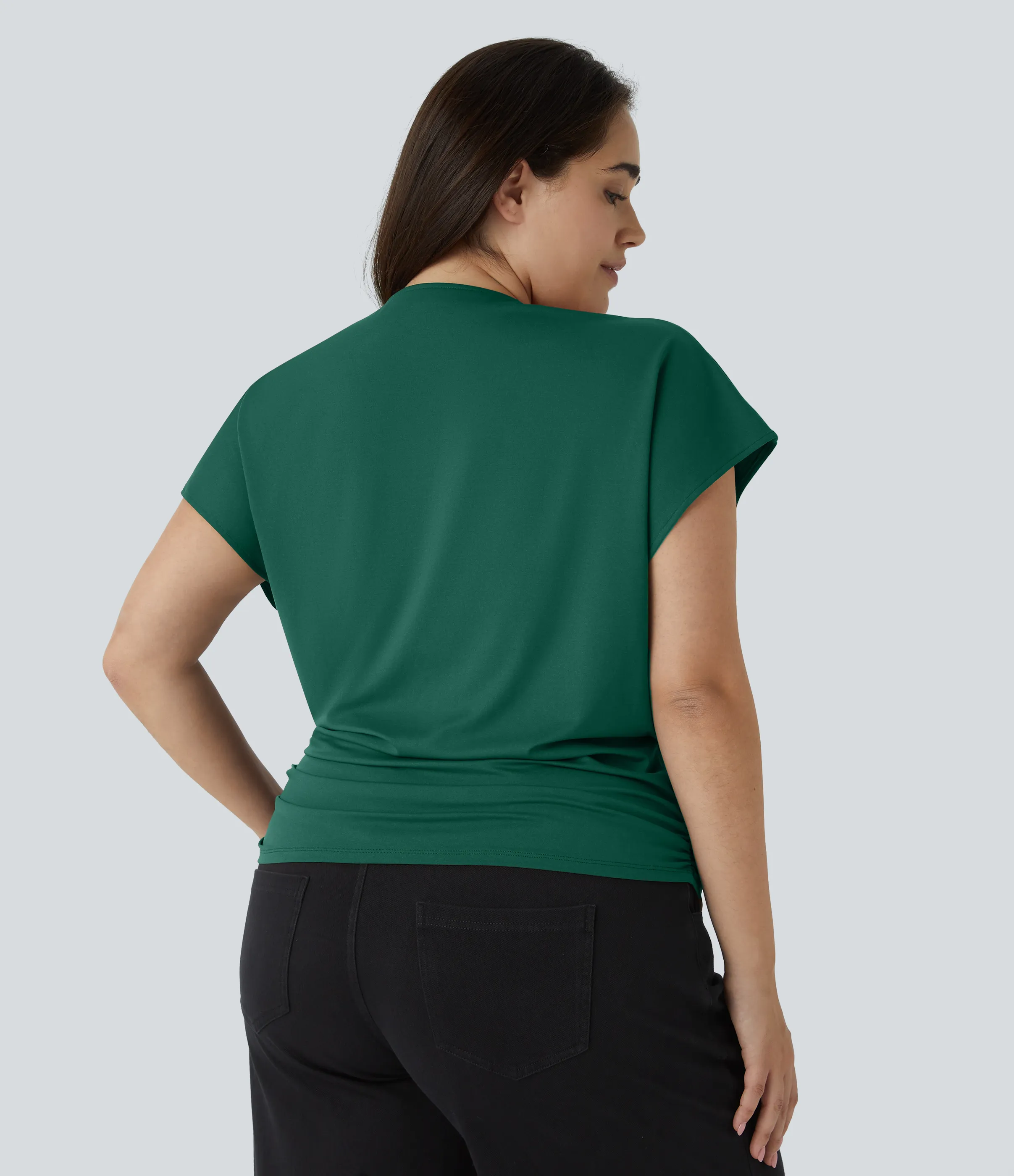 Halara Blusa oficina talla grande cuello V manga casquillo cruzada fruncida sólida - Rain Forest - 2X sold by Halara product image thumbnail 3