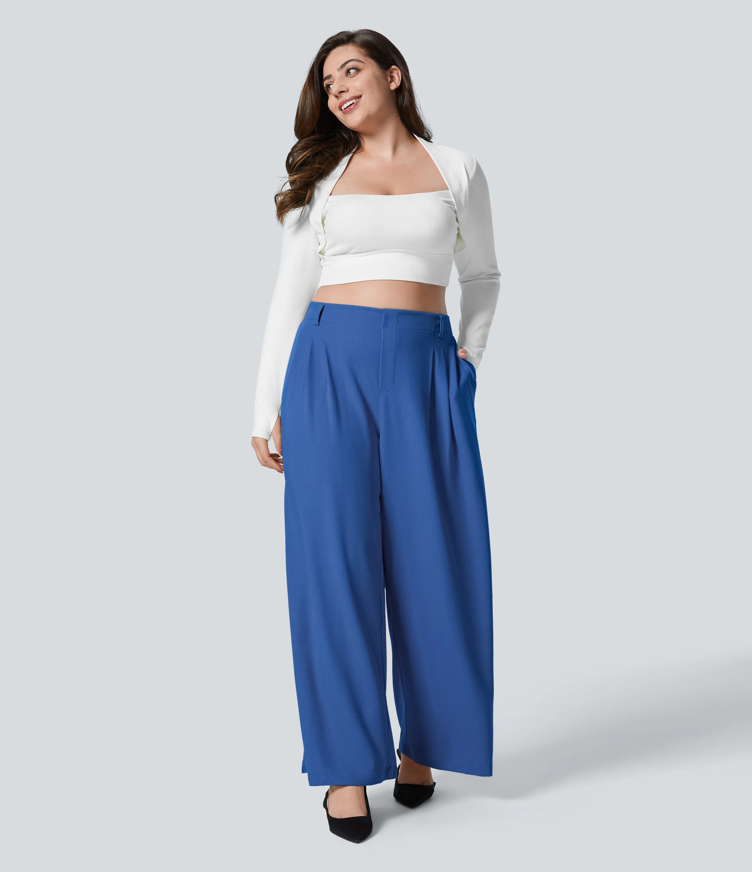 Halara Pantalón Halara Flex™ oficina tiro alto pliegue bolsillo lateral pierna ancha gofre talla grande - Deep Sapphire Blue - 3X(regular) sold by Halara product image thumbnail 5