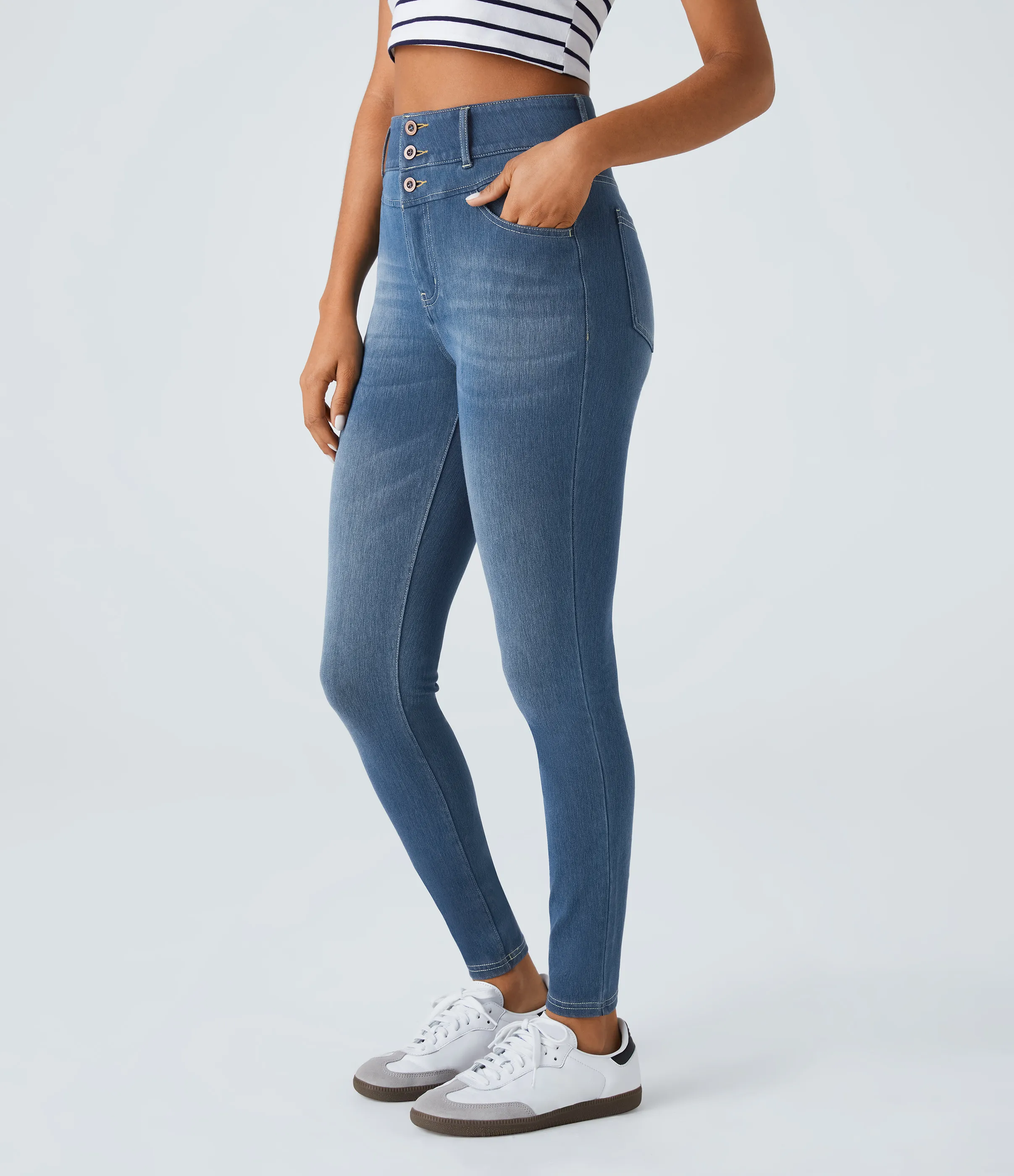 Halara Jeans Halara Flex™ Denim ajustado elástico múltiple bolsillo cremallera botones tiro alto - Washed Denim Bleached Blue - S(regular) sold by Halara product image thumbnail 4