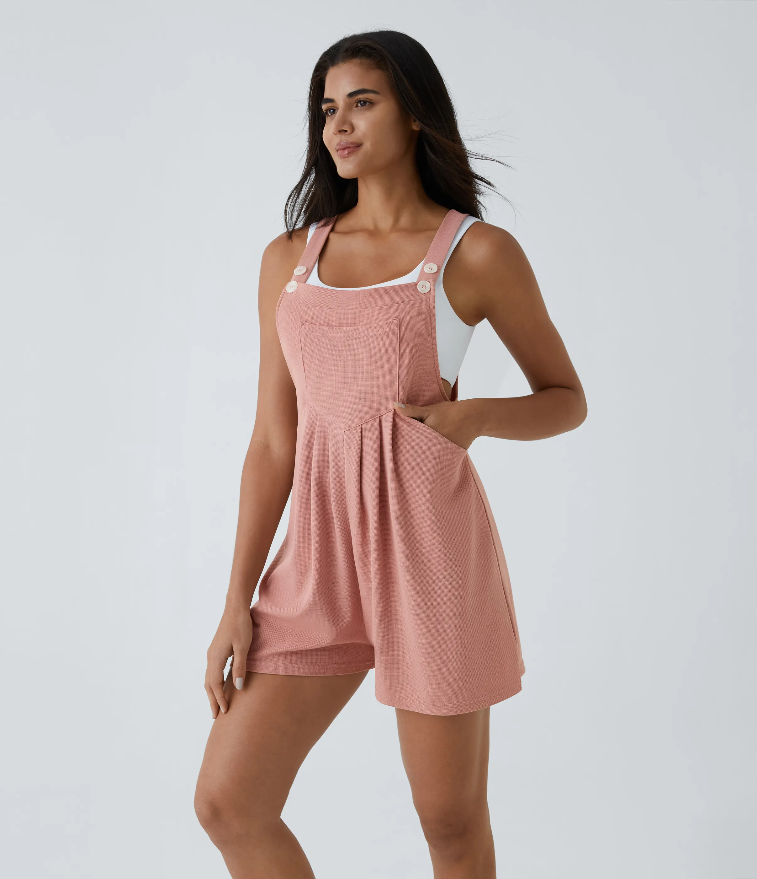 Halara Overol botón correa ajustable bolsillo múltiple gofre plisado - Rose Tan - L sold by Halara product image thumbnail 2