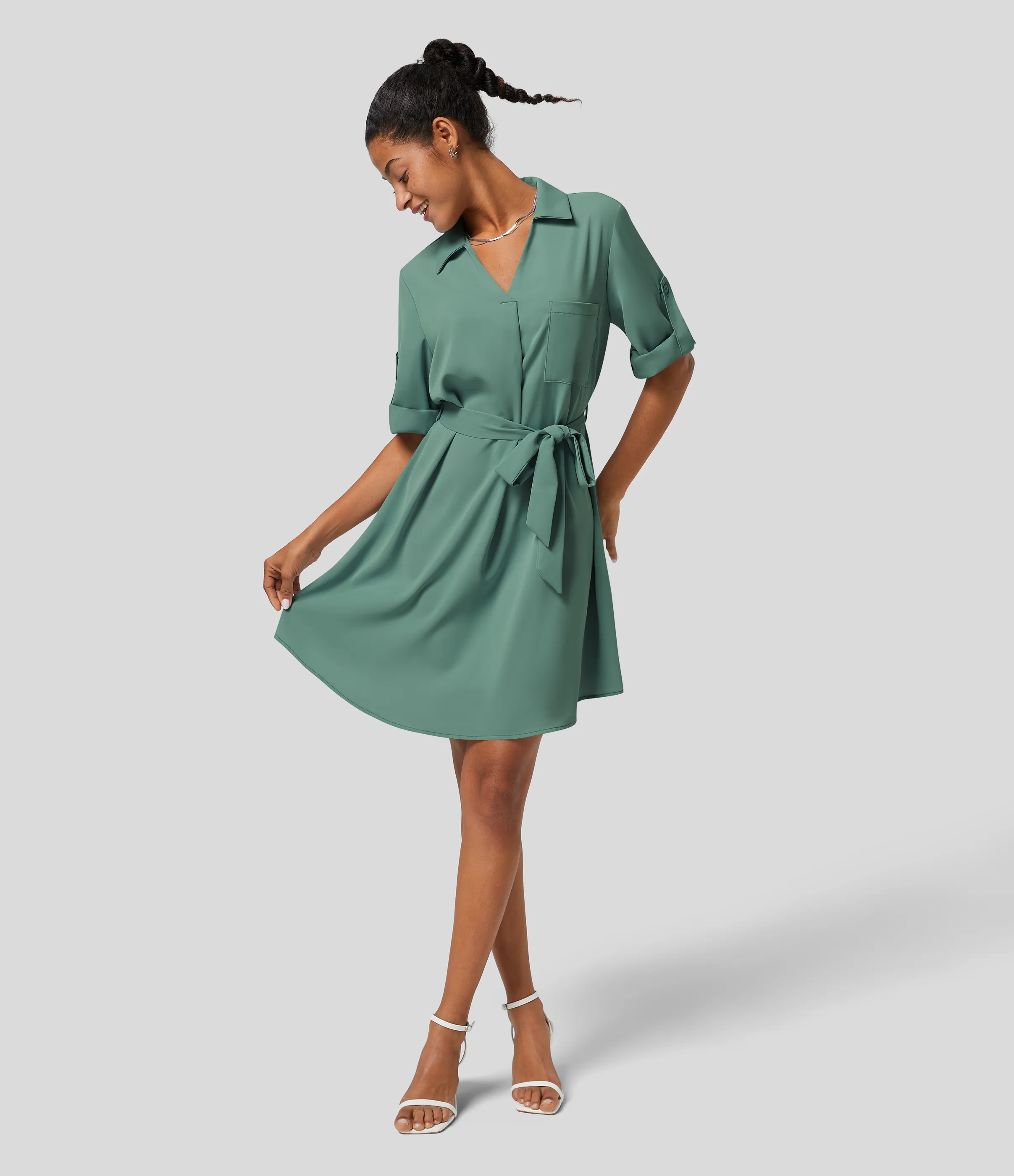 Halara Vestido camisero oficina midi cinturón manga enrollada cuello - Crème de Menthe - XS sold by Halara product image thumbnail 2