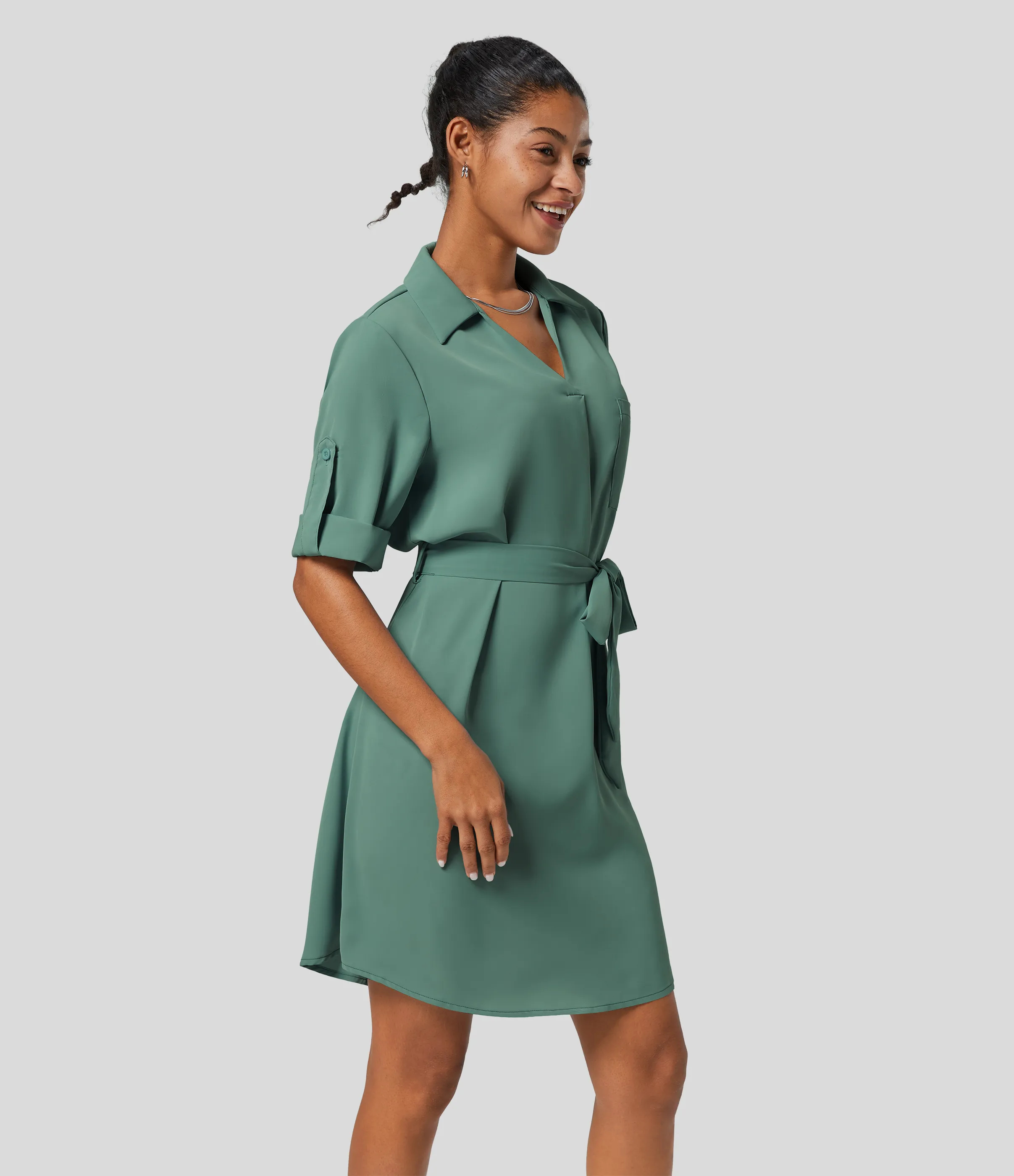 Halara Vestido camisero oficina midi cinturón manga enrollada cuello - Crème de Menthe - XS sold by Halara product image thumbnail 4