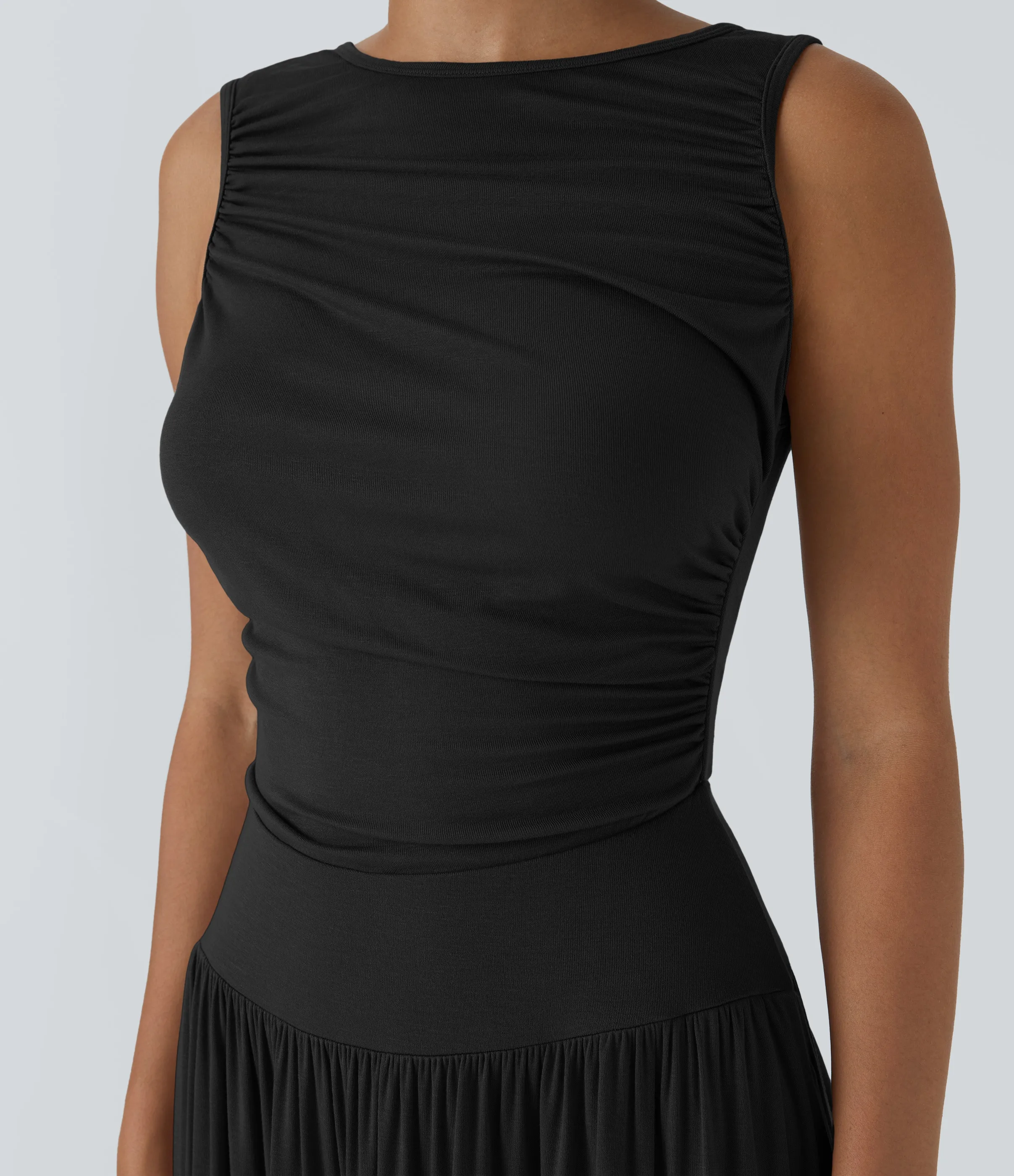 Halara Vestido largo holgado cuello barco acanalado bolsillo lateral fruncido tirante asimétrico - Black - M sold by Halara product image thumbnail 4