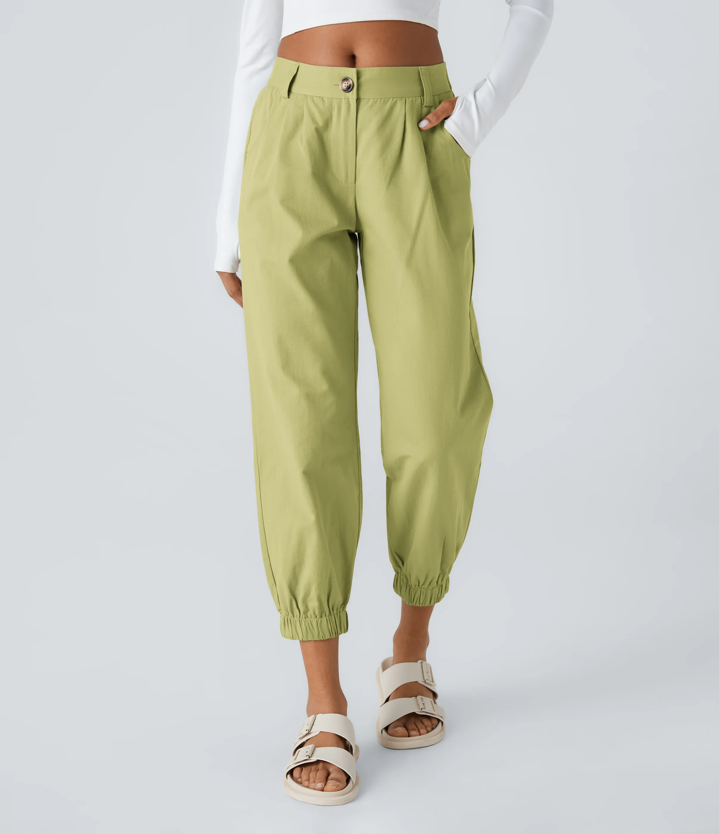 Halara Joggers algodón bolsillo lateral cremallera botón tiro medio - Leek Green - S(regular) sold by Halara product image thumbnail 2