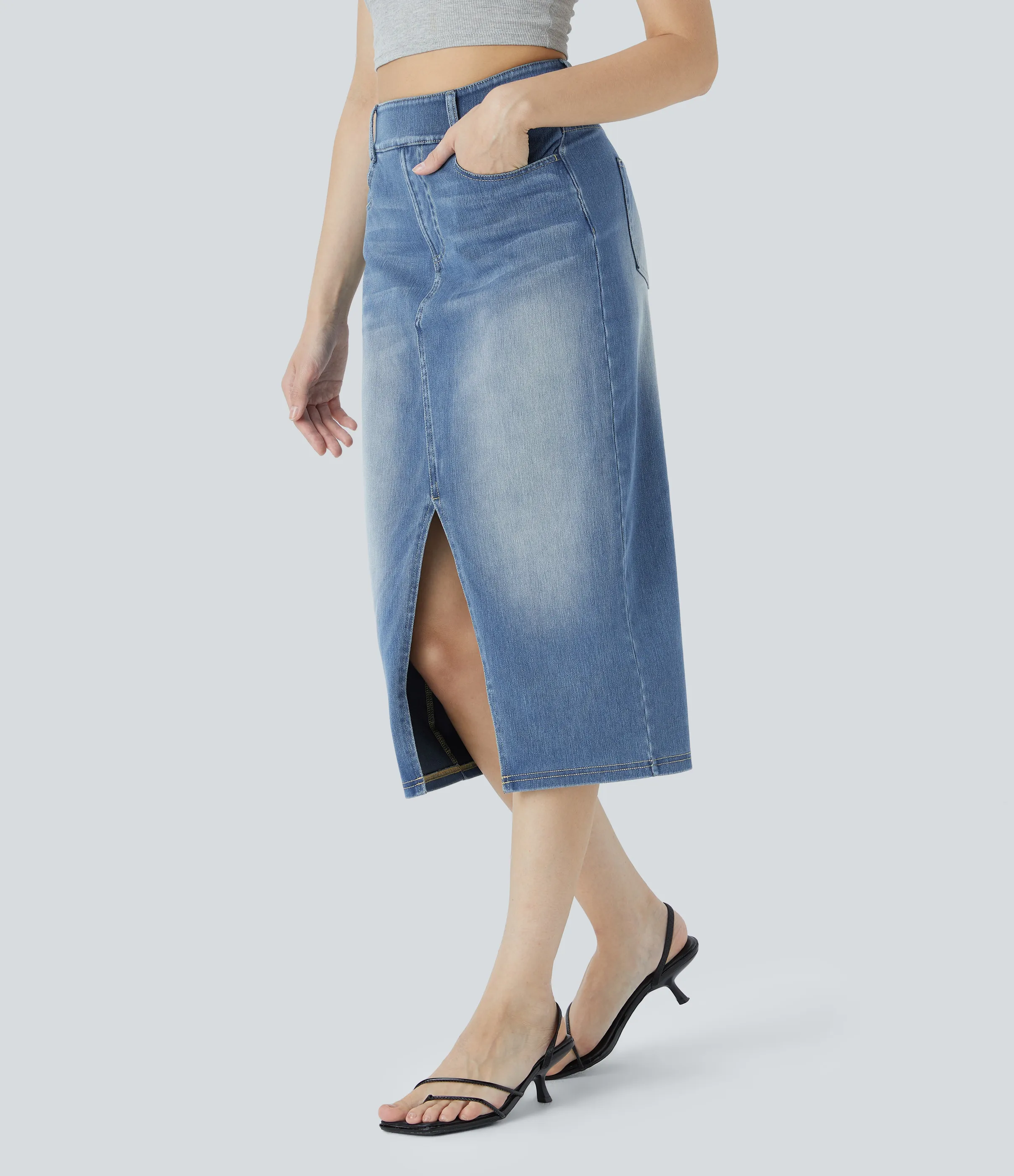 Halara Falda Midi Halara Flex™ Denim elástica de tiro alto descolorida con múltiples bolsillos - Frost Blue Denim - L(regular) sold by Halara product image thumbnail 4