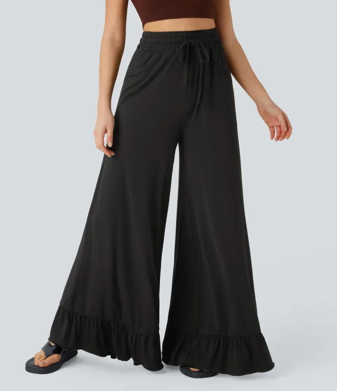 Halara Pantalón pierna ancha volante bolsillo lateral cordón tiro alto - Black - S(regular) sold by Halara