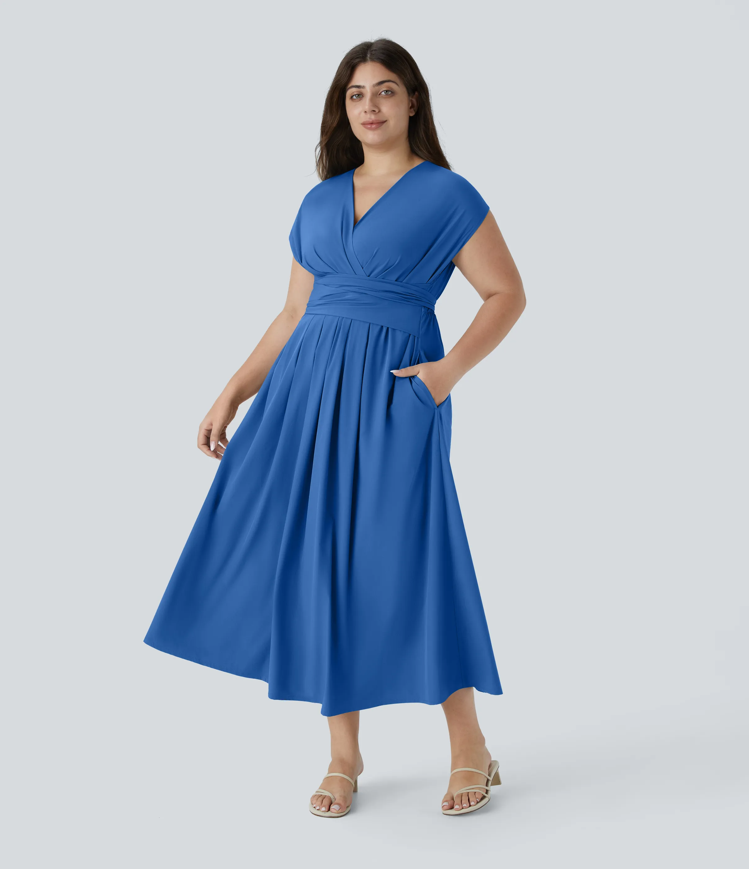 Halara Vestido midi Breezeful™ talla grande cuello V manga corta bolsillo lateral lazo espalda secado rápido - Nebulas Blue - 1X sold by Halara