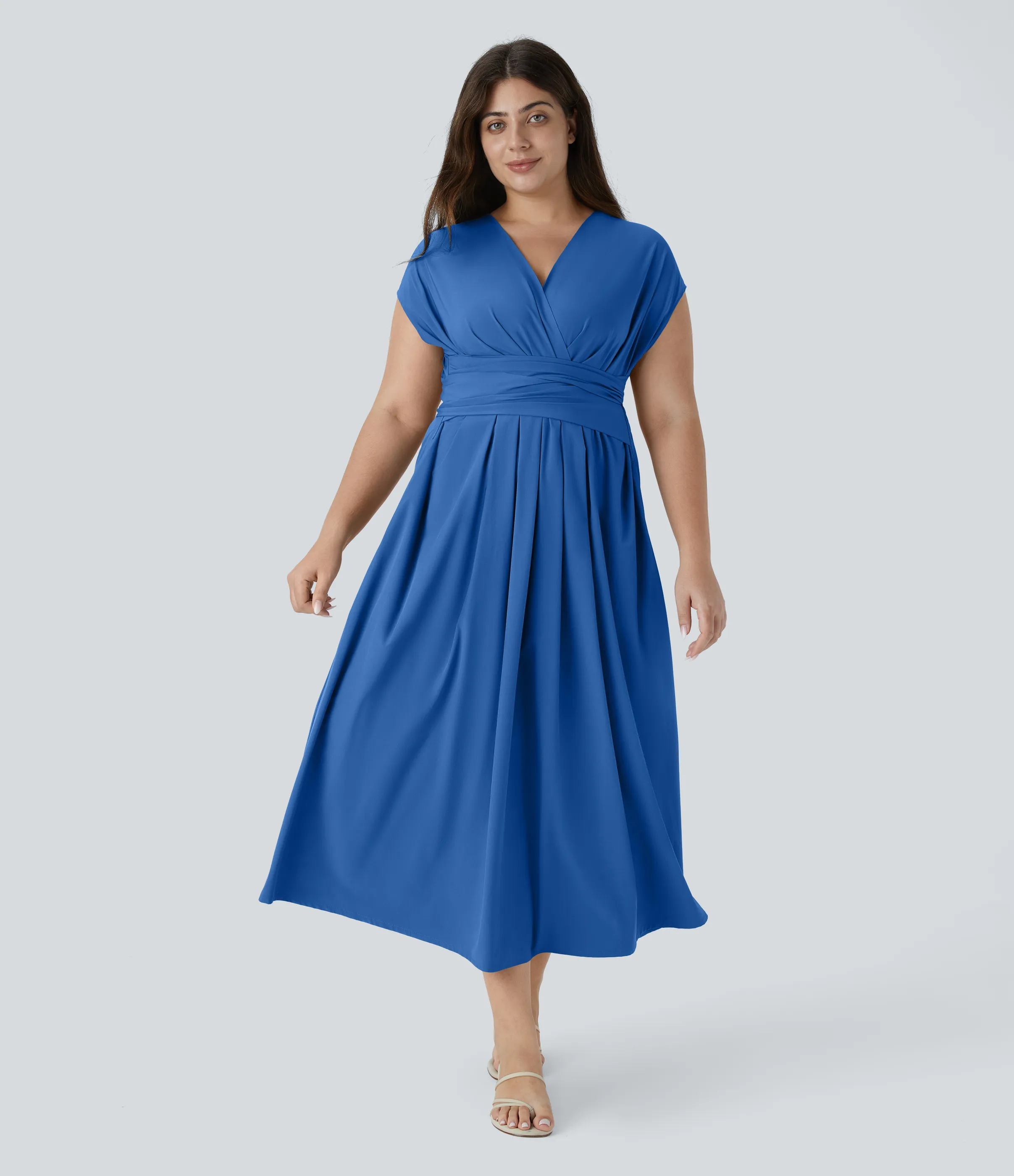 Halara Vestido midi Breezeful™ talla grande cuello V manga corta bolsillo lateral lazo espalda secado rápido - Nebulas Blue - 1X sold by Halara product image thumbnail 4
