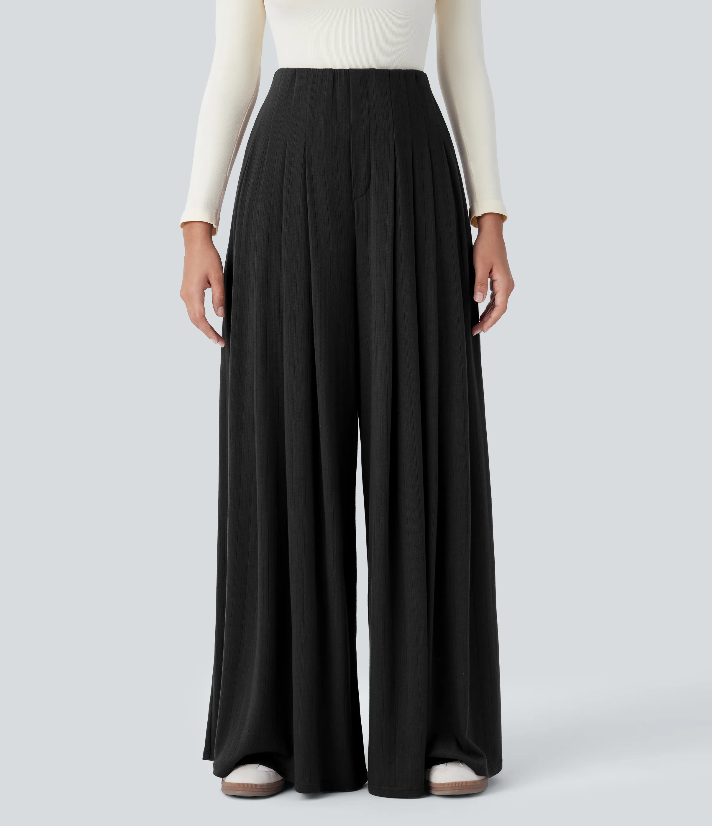 Halara Pantalón holgado pierna ancha bolsillo lateral plisado tiro alto acanalado - Black - XS(regular) sold by Halara