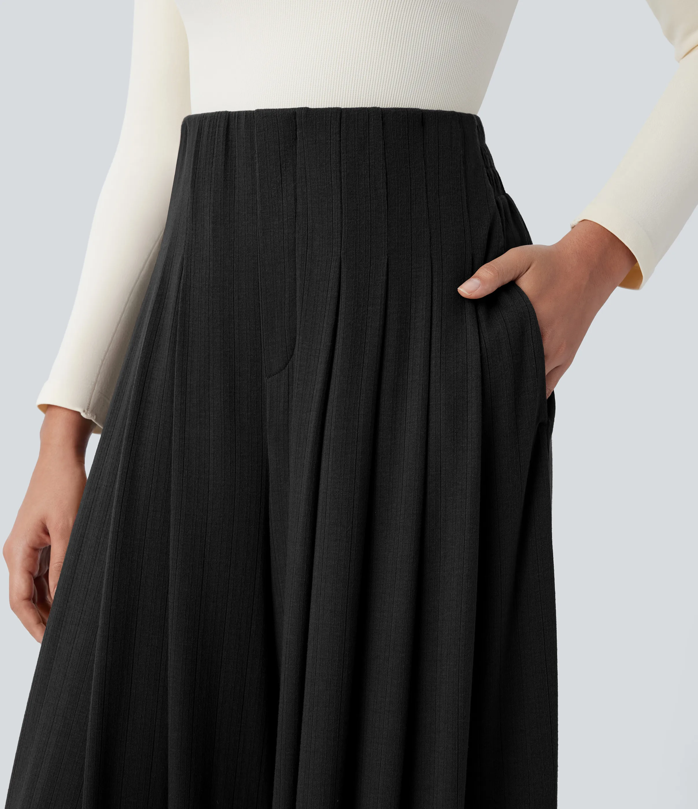 Halara Pantalón holgado pierna ancha bolsillo lateral plisado tiro alto acanalado - Black - XS(regular) sold by Halara product image thumbnail 5