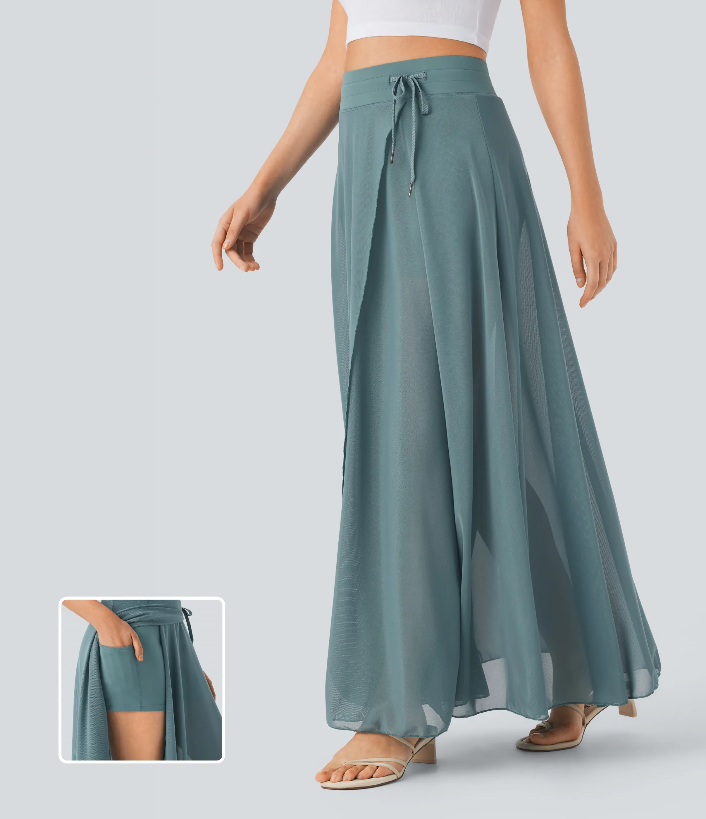 Halara Falda larga holgada tiro alto cordón ajustable malla contrastante 2 en 1 bolsillo lateral - Mineral Blue - L(regular) sold by Halara product image thumbnail 2