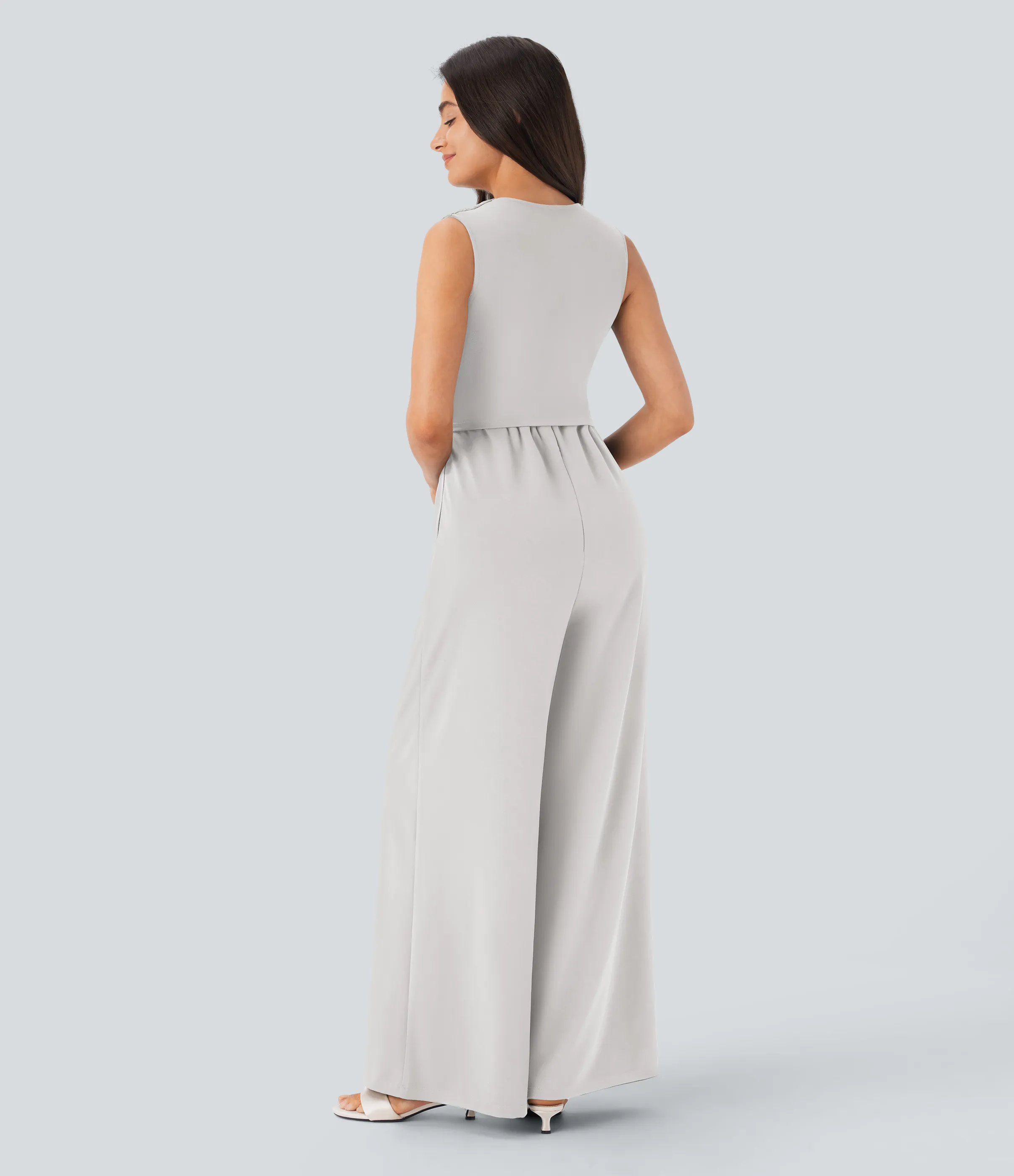 Halara Mono fiesta cuello V sin mangas fruncido lateral cremallera invisible - Easy Peezy - Dawn Blue - XL(regular) sold by Halara product image thumbnail 3