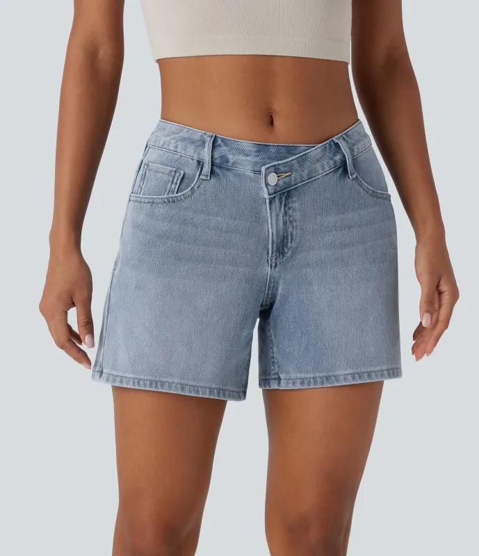 Halara Pantalón corto Halara Flex™ Denim mezclilla elástico lavado múltiple bolsillo tiro bajo asimétrico - Light Azure Denim - XL(regular) made by Halara