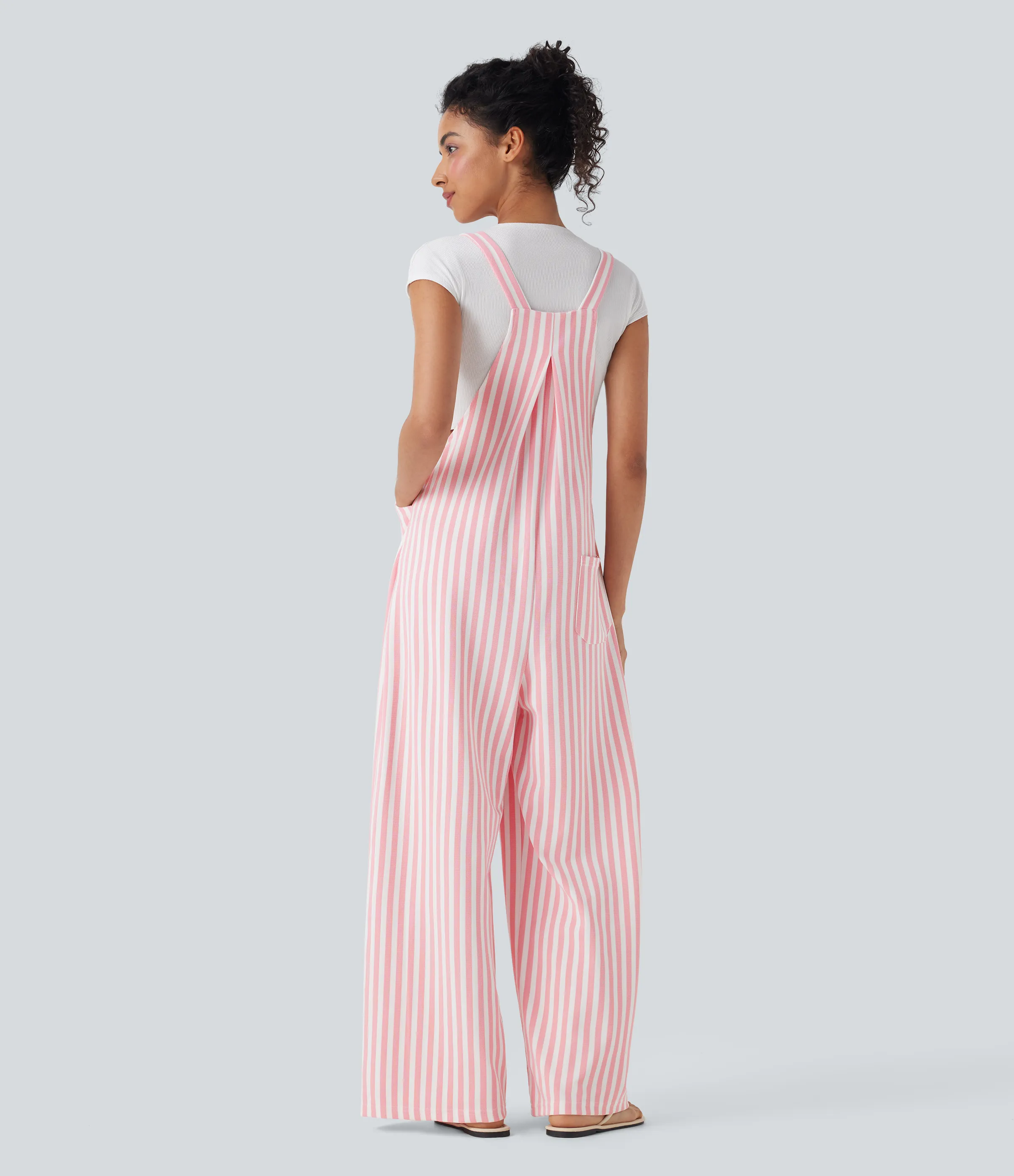 Halara Overol resort gofre raya múltiple bolsillo botón correa ajustable - Pink Stripe - L(regular) sold by Halara product image thumbnail 3