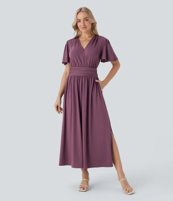 Halara Vestido midi holgado cuello V manga corta drapeado abertura resort - Plum Wine - XL sold by Halara